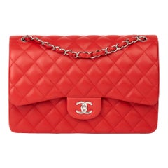 2014 Chanel Red Quilted Lambskin Jumbo Classic Double Flap Bag