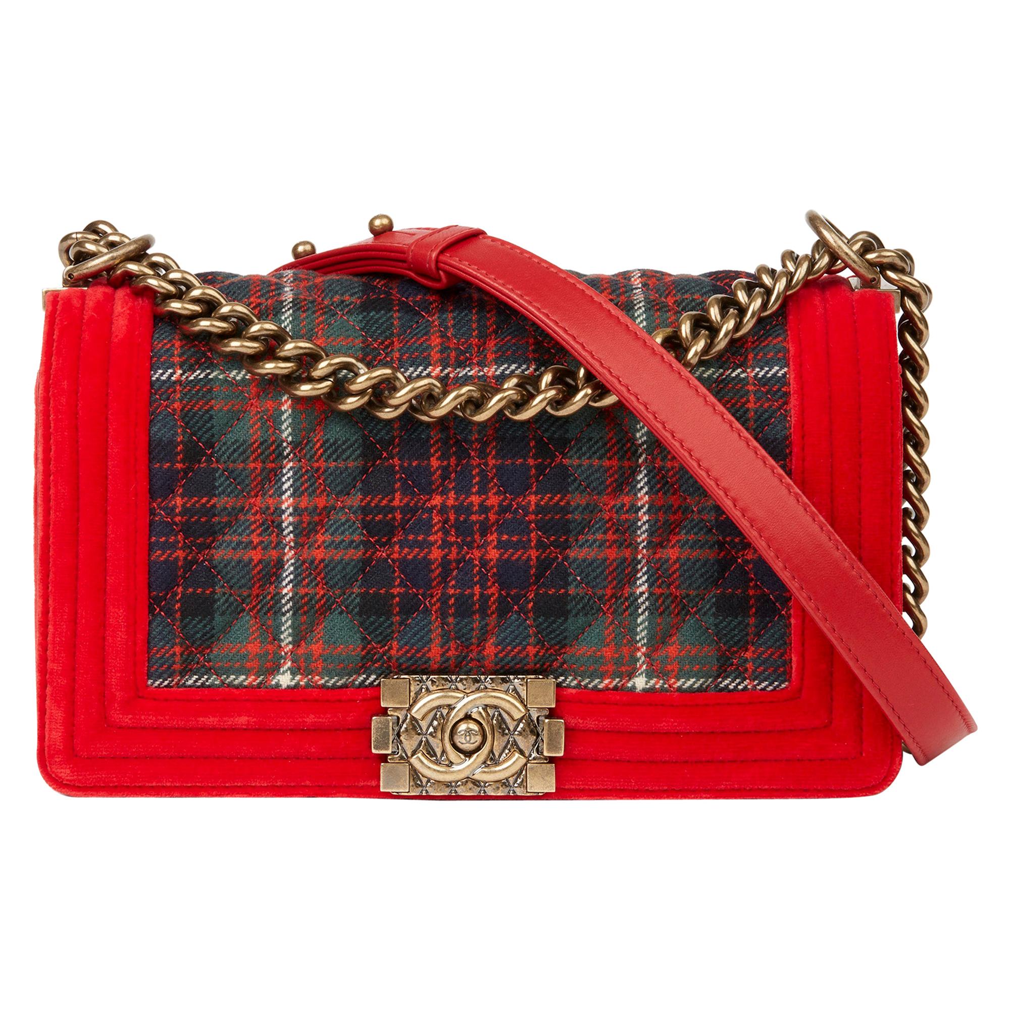 2014 Chanel Red Velvet 
Green Tartan Quilted Tweed ParIs-Edinburgh Medium Boy