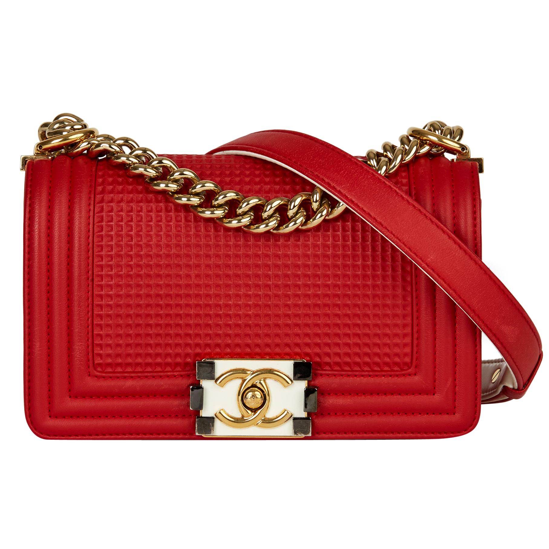 2014 Chanel Red & White Lambskin Cube Small Le Boy