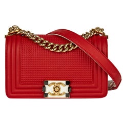 Used 2014 Chanel Red & White Lambskin Cube Small Le Boy