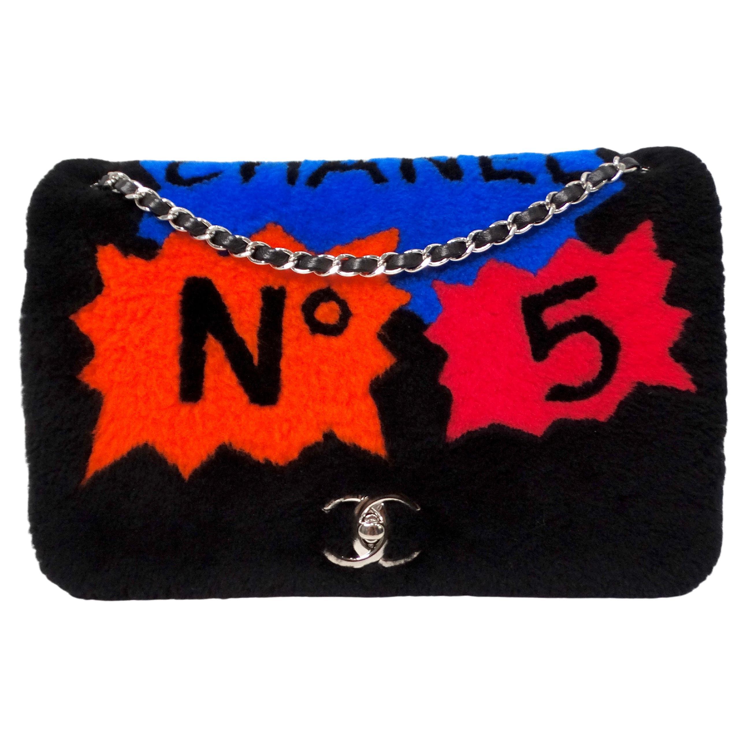 2014 Chanel Runway No. 5 Comic Shearling Lambskin Shoulder Flap Bag For Sale