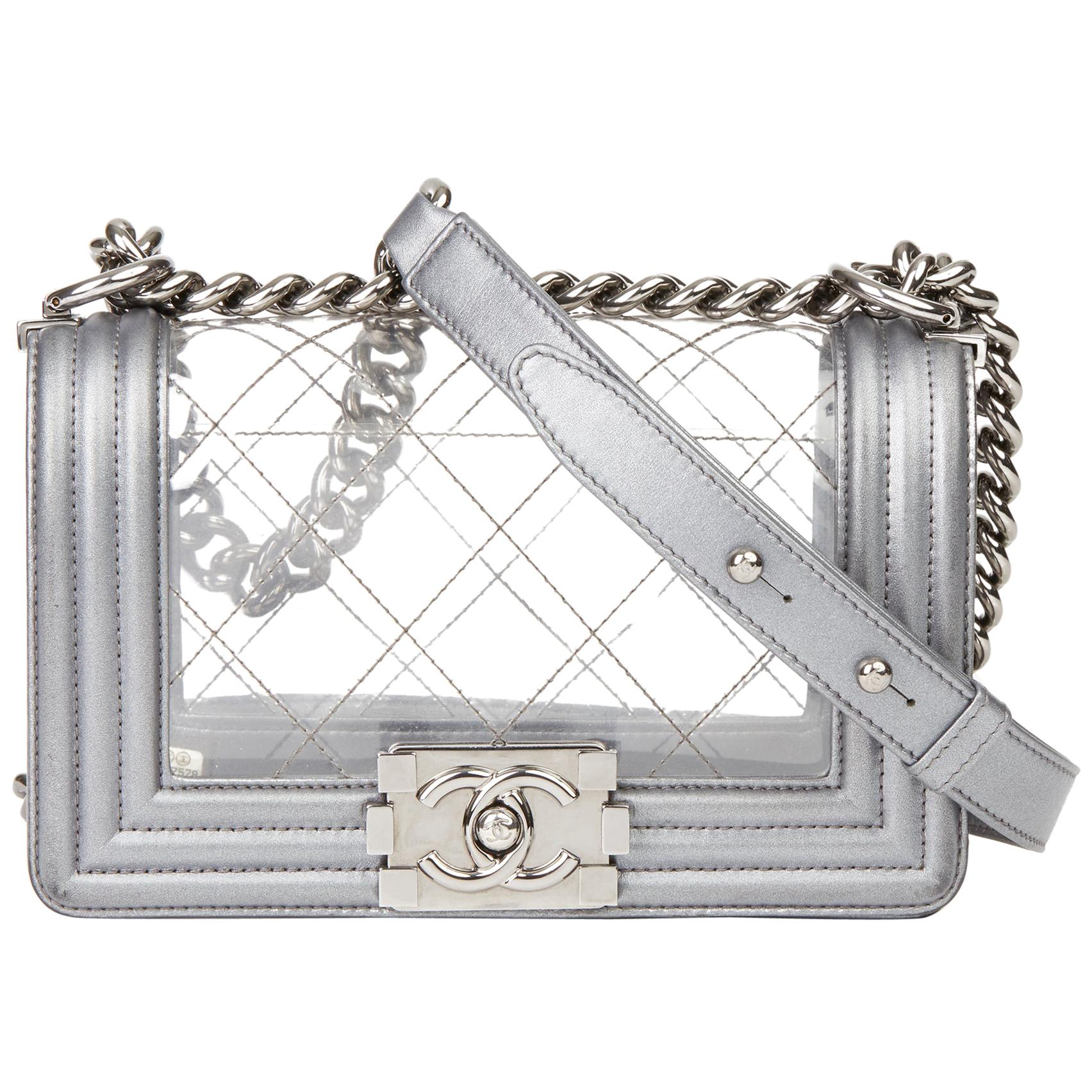2014 Chanel Silver Metallic Calfskin Leather & Transparent PVC Naked Small Boy