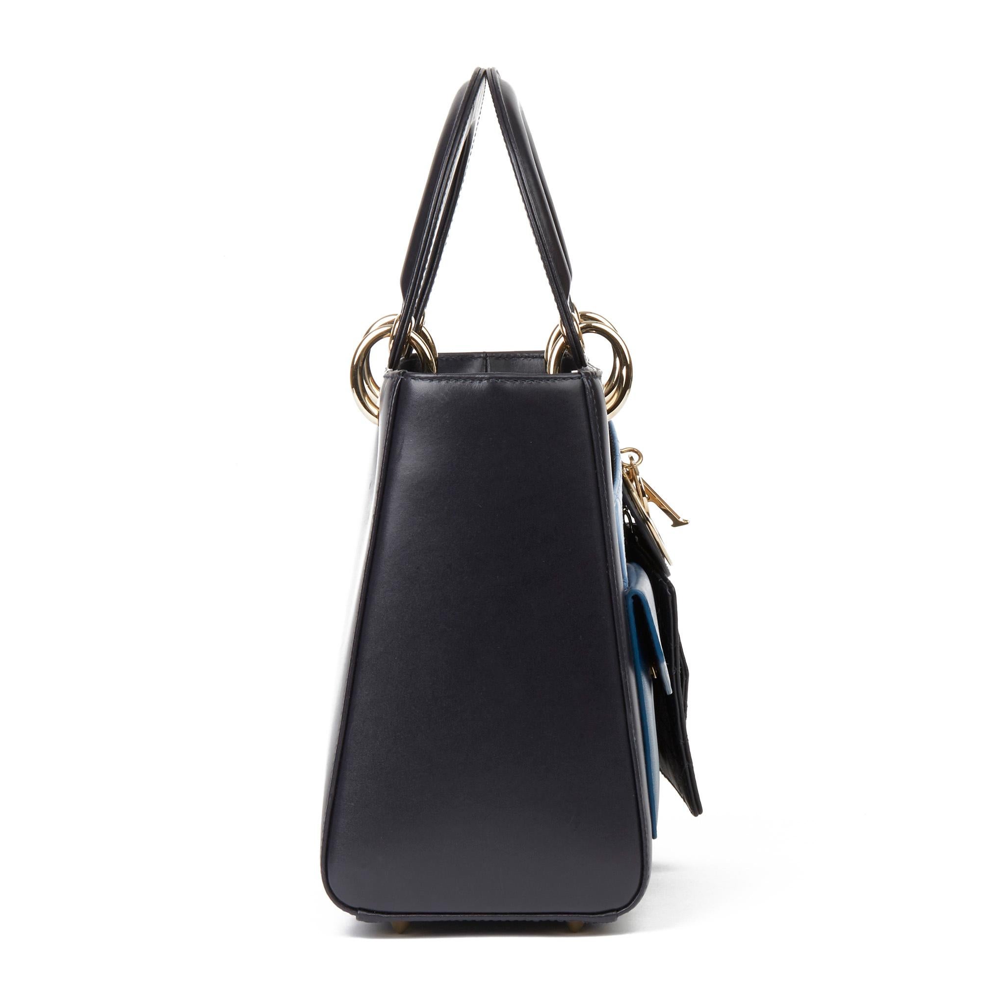 Black 2014 Christian Dior Navy Smooth Calfskin Leather Pocket Detail Medium Lady Dior