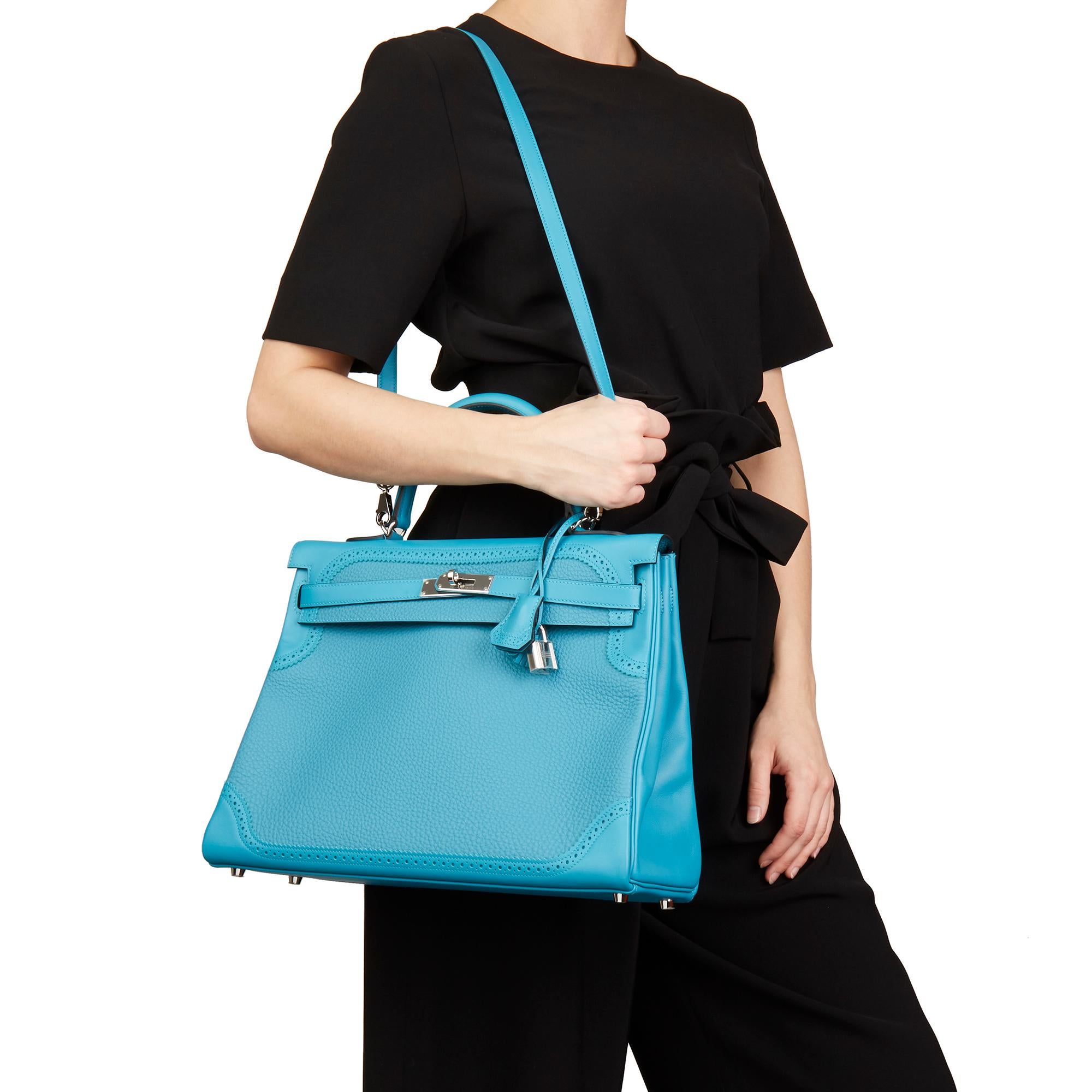 2014 Hermes Turquoise Togo & Swift Leather Ghillies Kelly 35cm Retourne 6