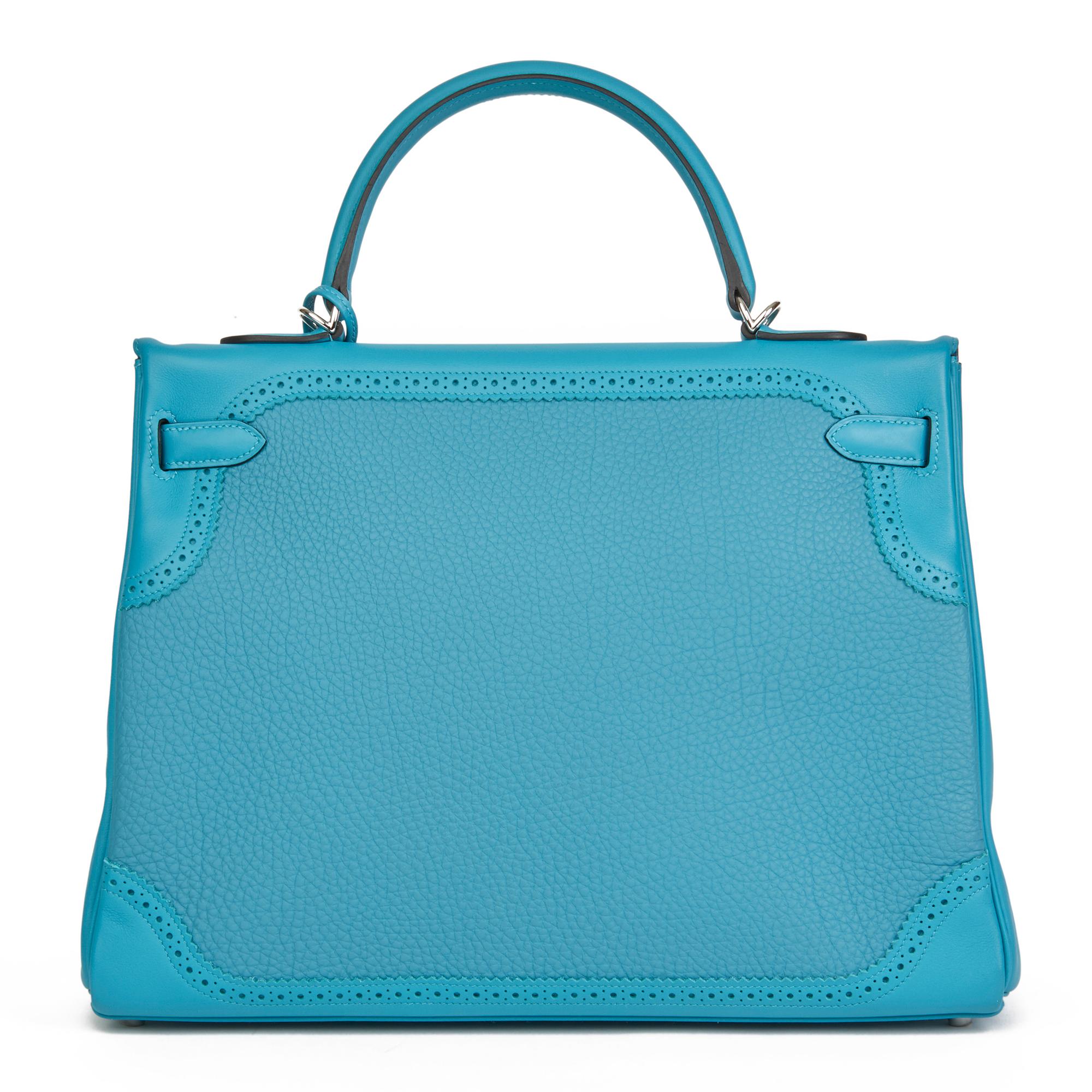 Blue 2014 Hermes Turquoise Togo & Swift Leather Ghillies Kelly 35cm Retourne