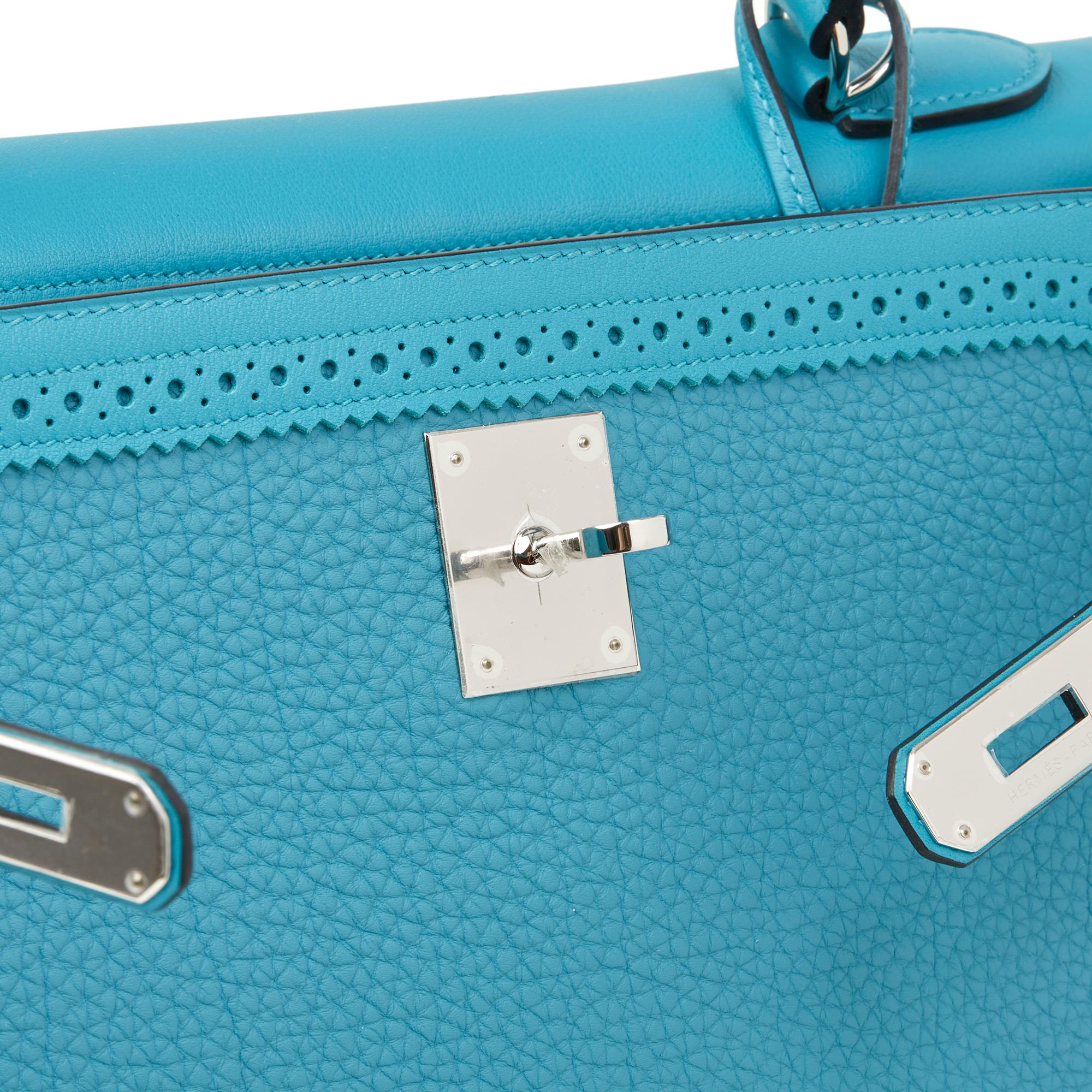2014 Hermes Turquoise Togo & Swift Leather Ghillies Kelly 35cm Retourne 1