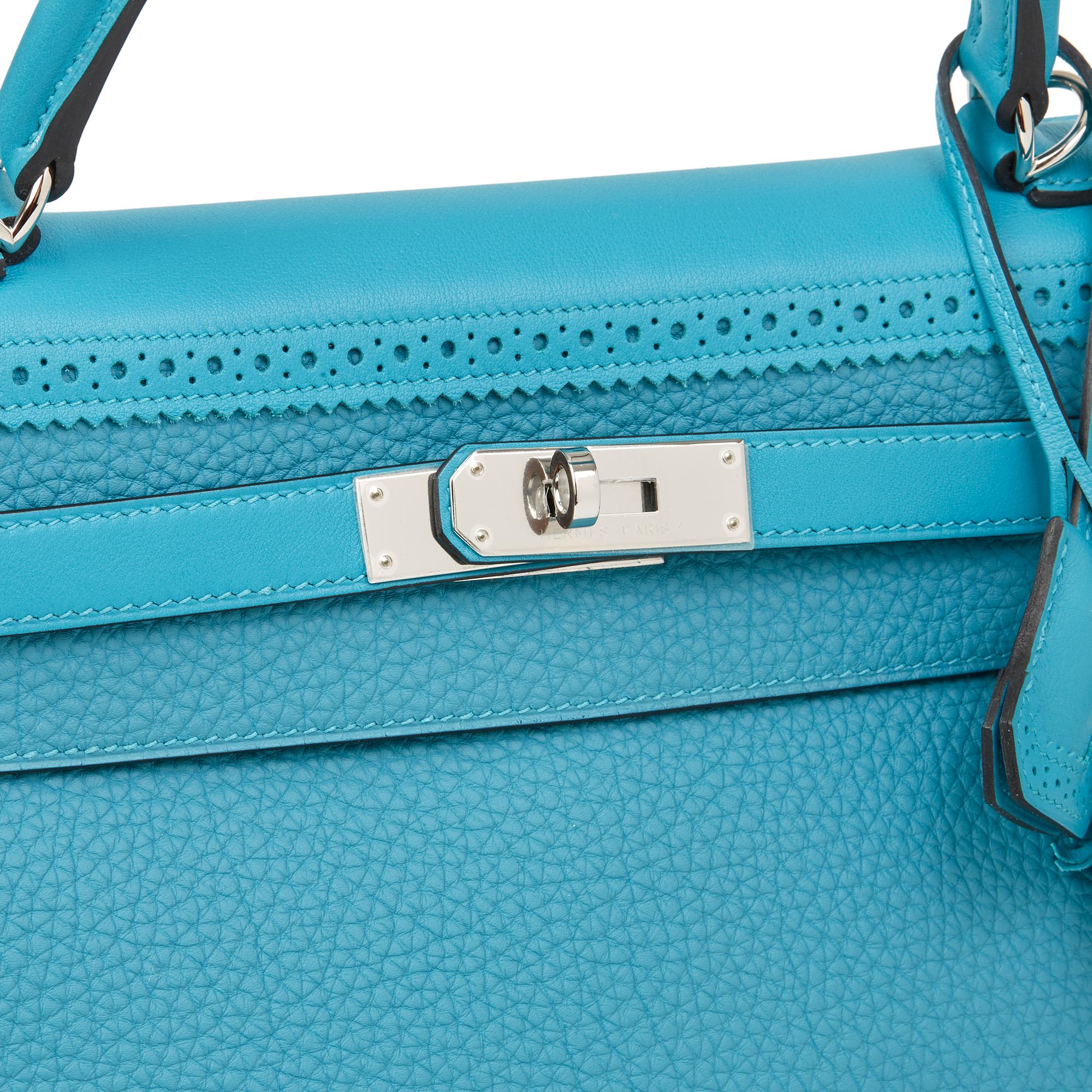 2014 Hermès Turquoise Togo & Swift Leather Ghillies Kelly 35cm Retourne 2