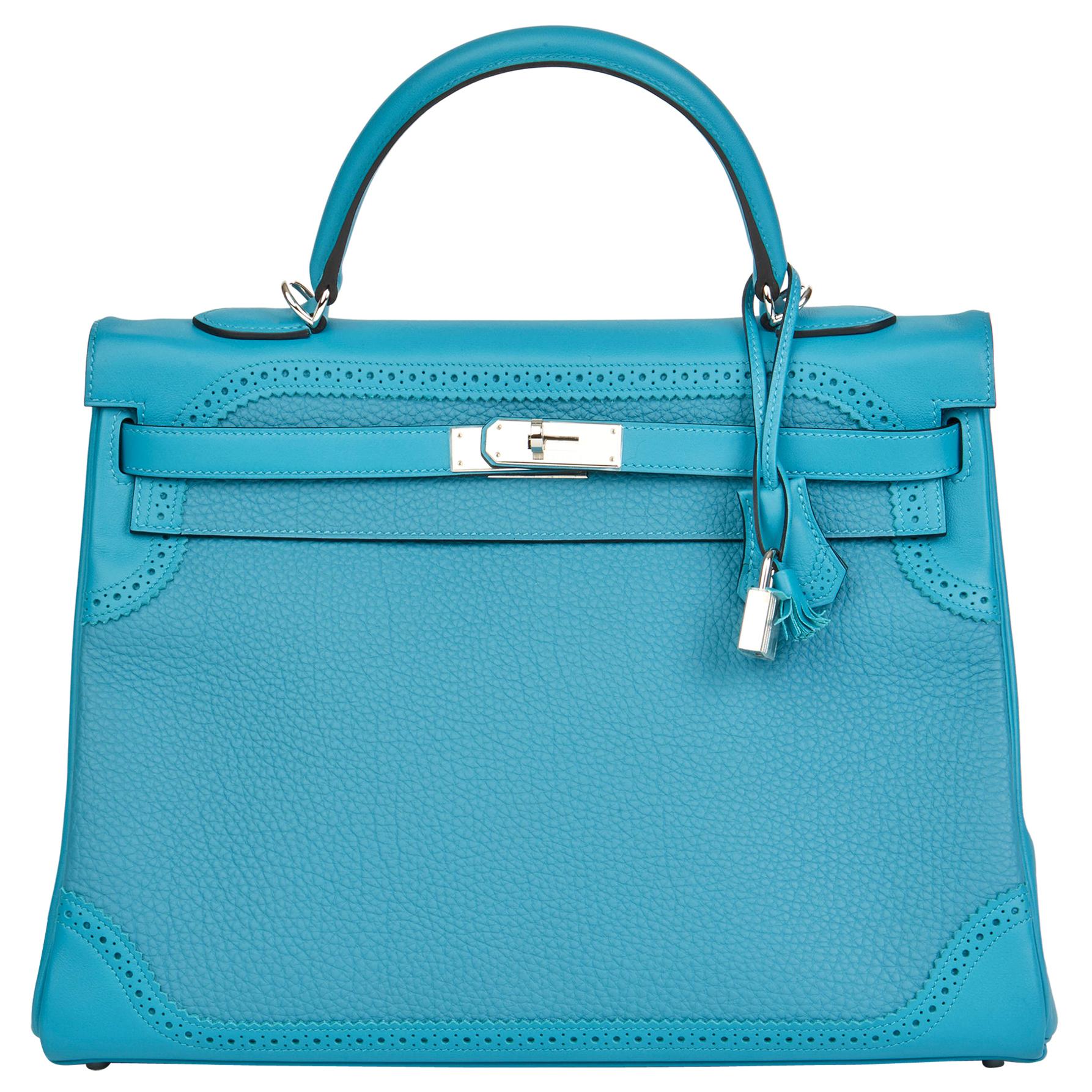 2014 Hermès Turquoise Togo & Swift Leather Ghillies Kelly 35cm Retourne