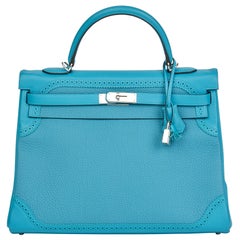 2014 Hermès Turquoise Togo & Swift Cuir Ghillies Kelly 35cm Retournee