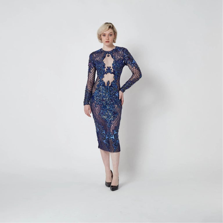 julien macdonald blue dress 2014 Julien Macdonald Runway Blue Sequin Beaded Dress