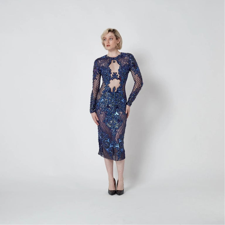 julien macdonald blue dress 2014 Runway Sequin Beaded Dress Length:With Court Train