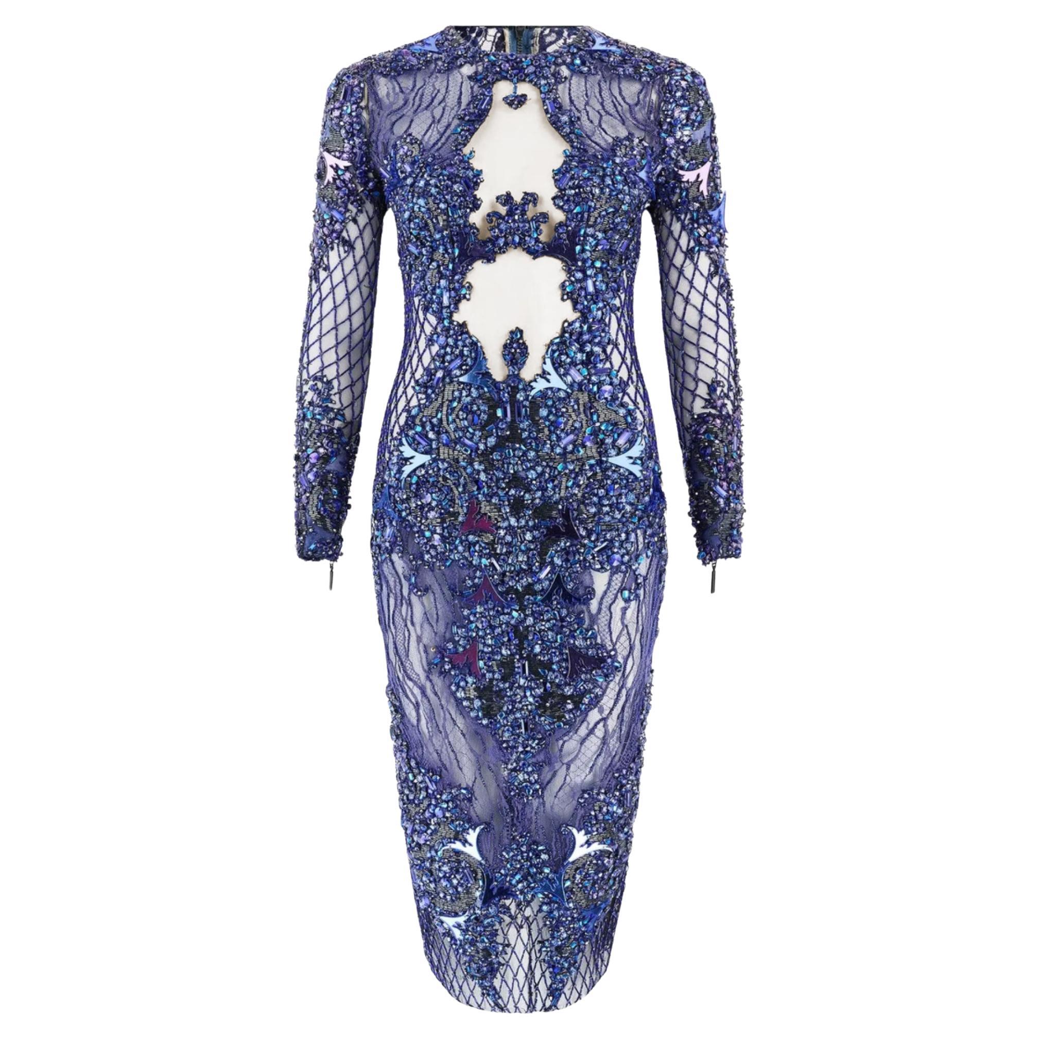 2014 Pasarela Julien Macdonald Vestido de lentejuelas azules con cuentas