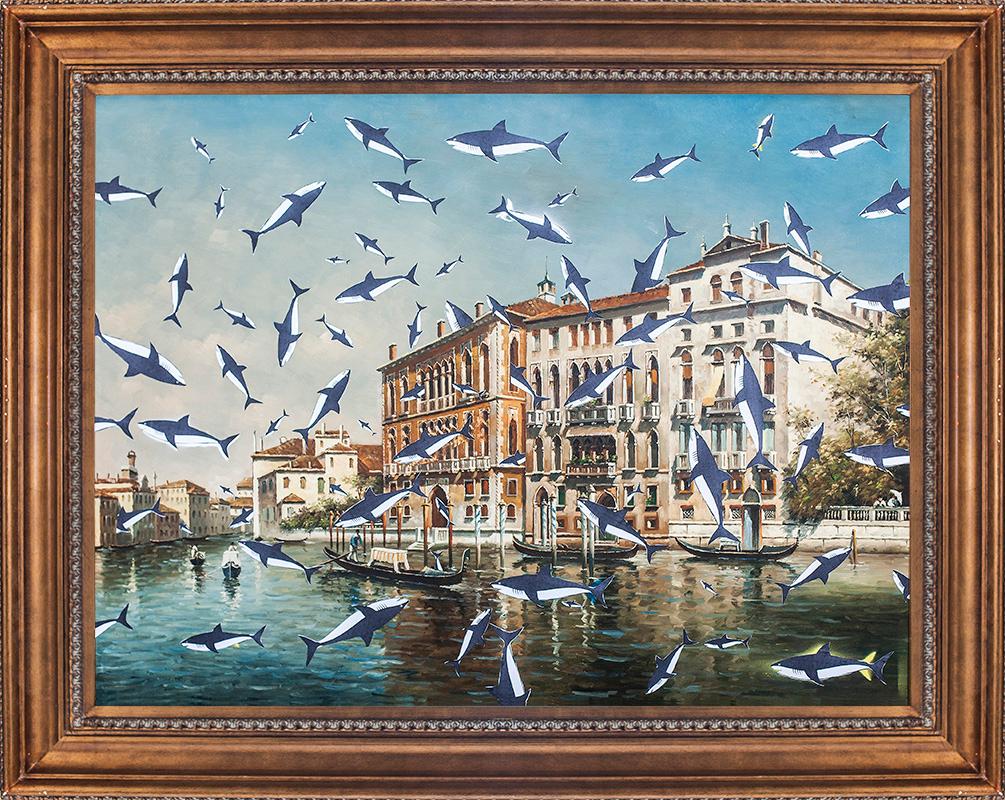 2014 Venice shark painting by artist and actor Jordi Mollá.

Dimensions without frame: 88 x 118 cm
Dimensions with frame: 120 x 90 cm.

