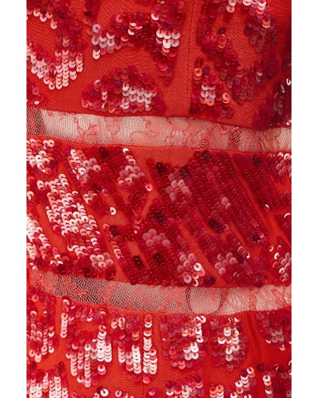 2014 Roberto Cavalli - Mini robe à paillettes rouge flamme avec empiècements en dentelle en vente 5