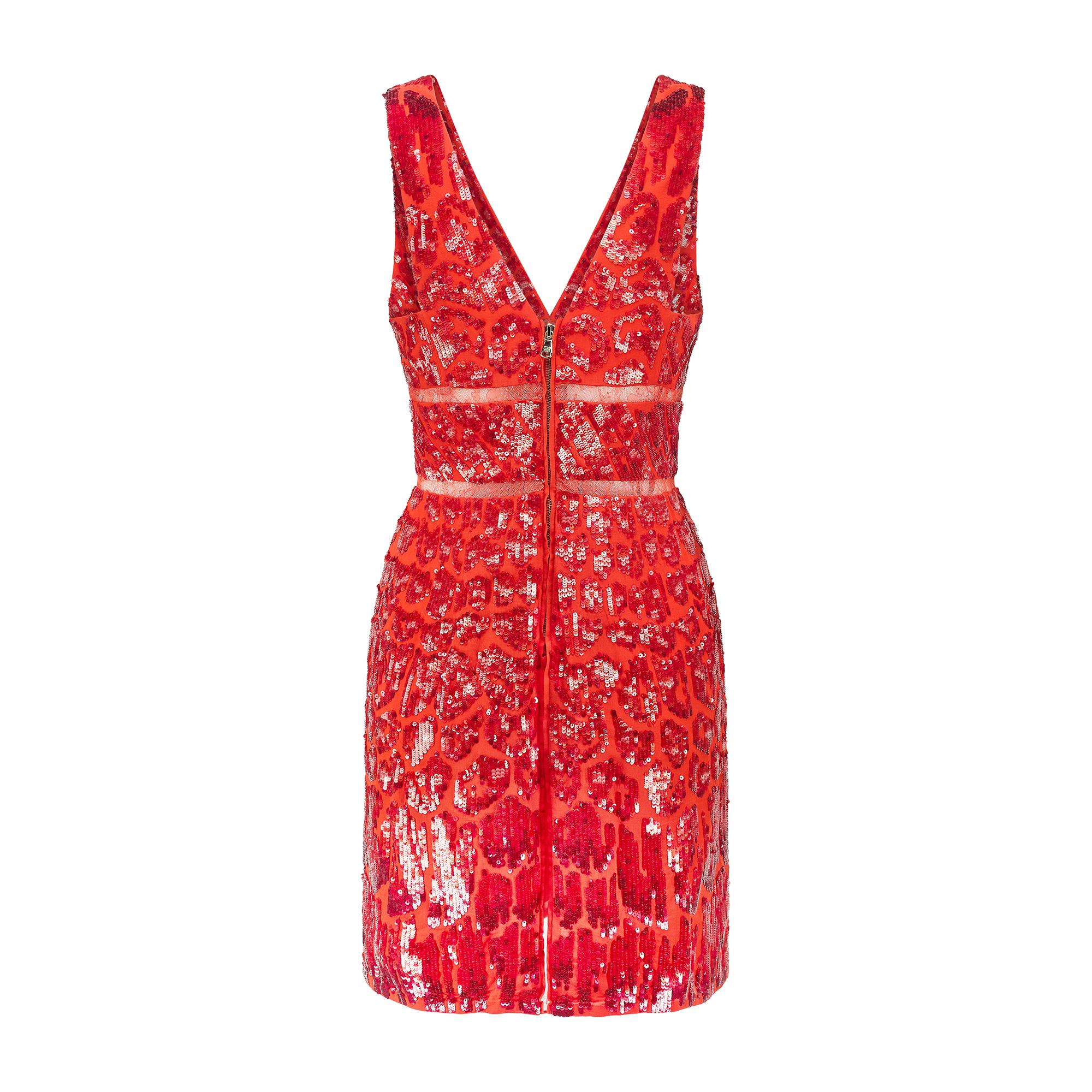Rouge 2014 Roberto Cavalli - Mini robe à paillettes rouge flamme avec empiècements en dentelle en vente