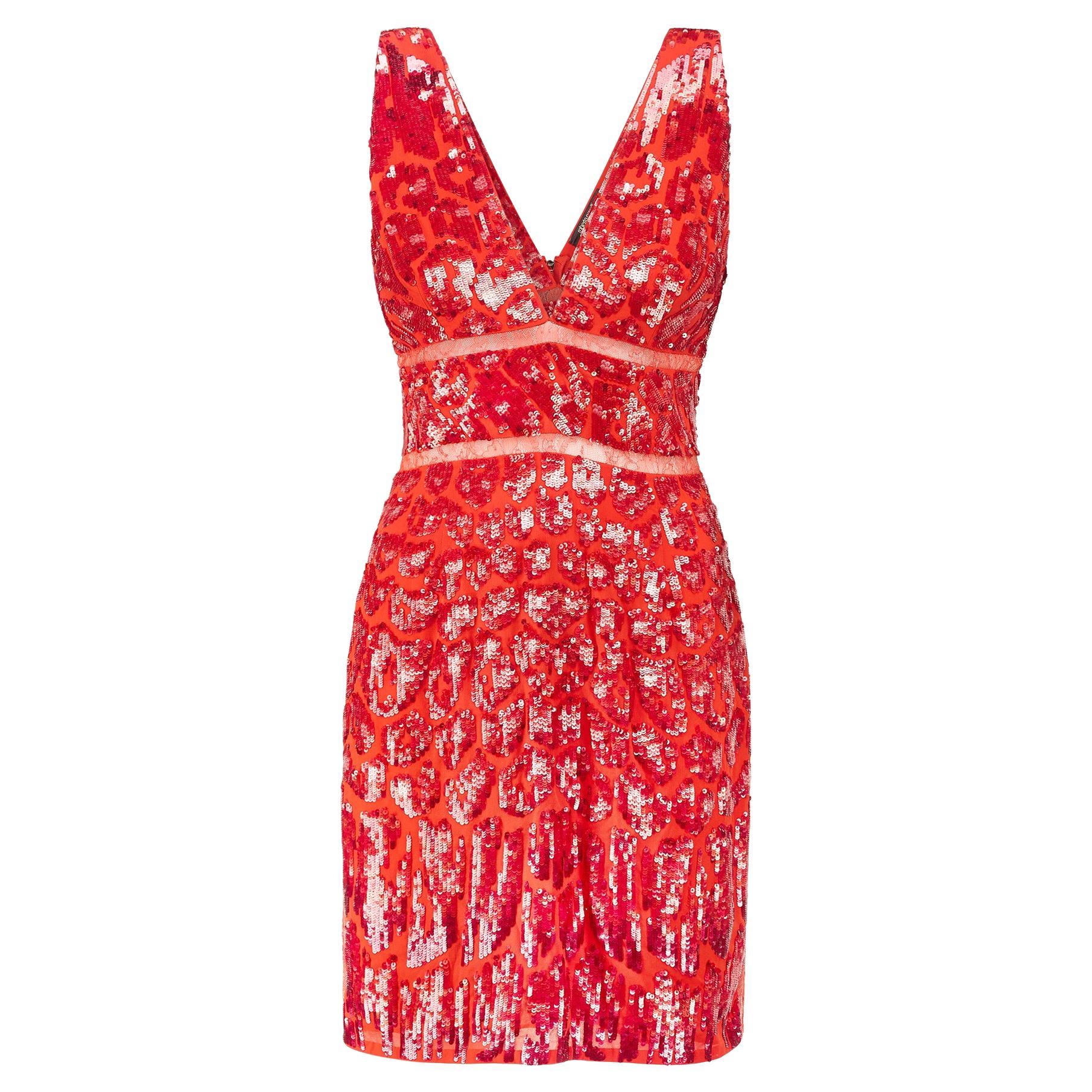 2014 Roberto Cavalli - Mini robe à paillettes rouge flamme avec empiècements en dentelle en vente
