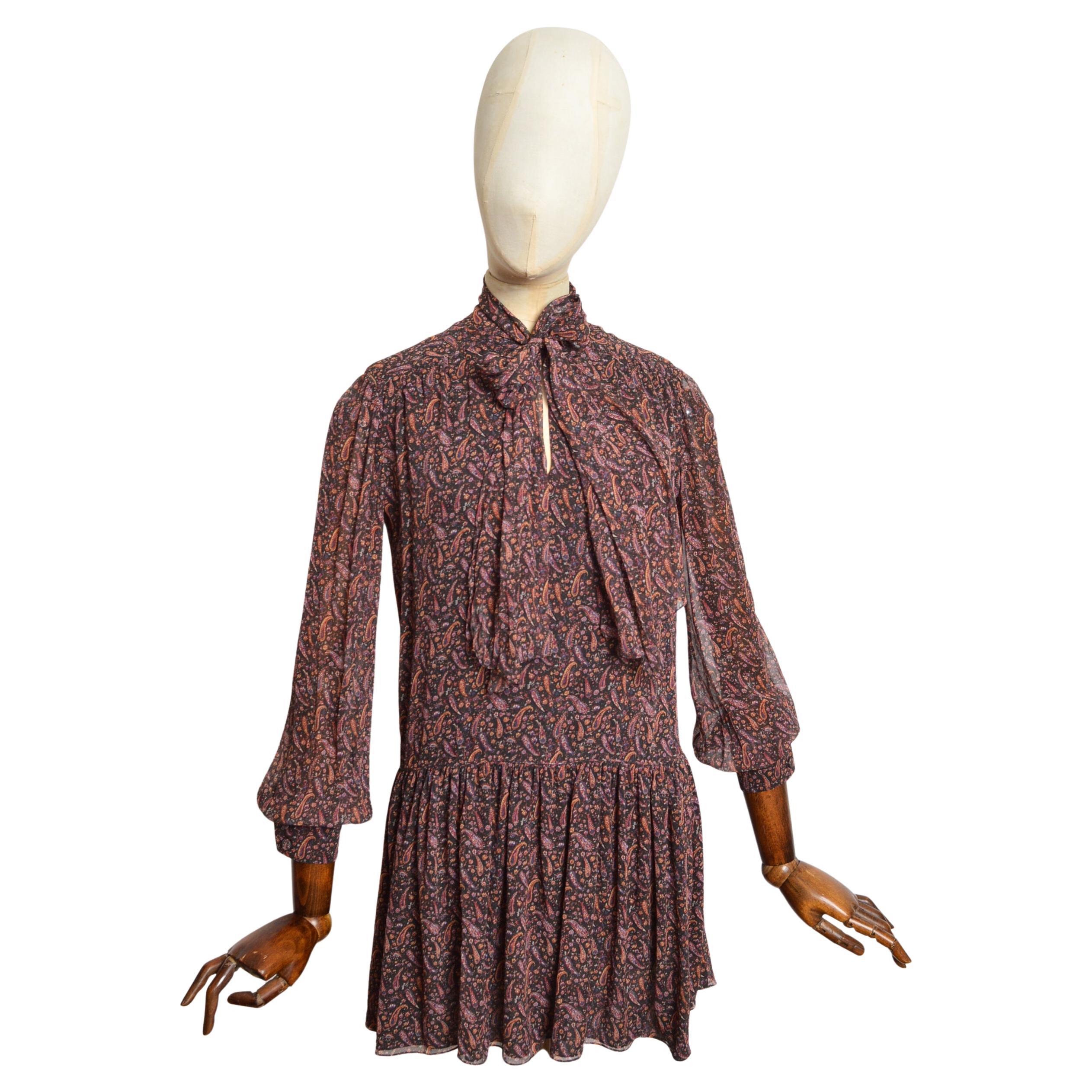 2014 Saint Laurent by Hedi Slimane Indie Sleaze 70's Paisley Silk Mini Dress For Sale