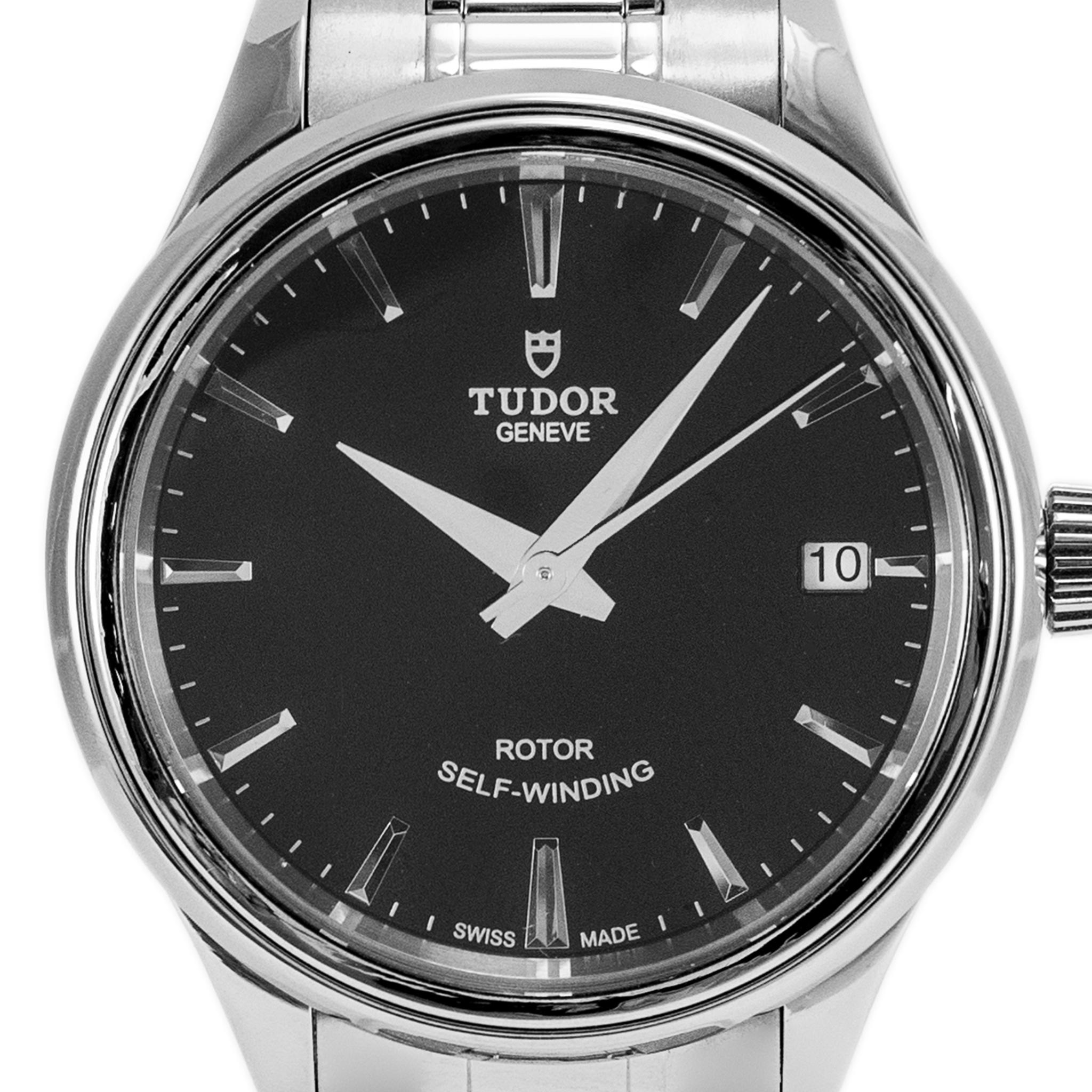 Brand: Tudor

Metal Type: Stainless Steel

Diameter: 34.00 mm

Weight: 94.63 grams

One stainless steel TUDOR Swiss-made watch with original box and papers. The metal was tested and determined to be stainless steel. The 
