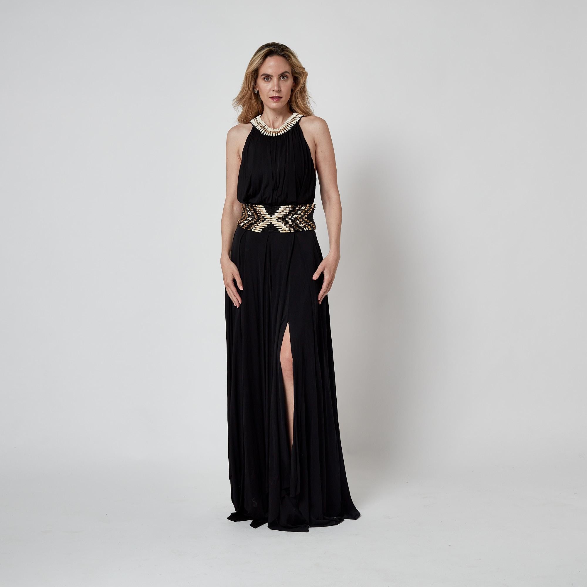 2015 Balmain Cream and Gold Beaded Black Jersey Maxi-Dress For Sale 6