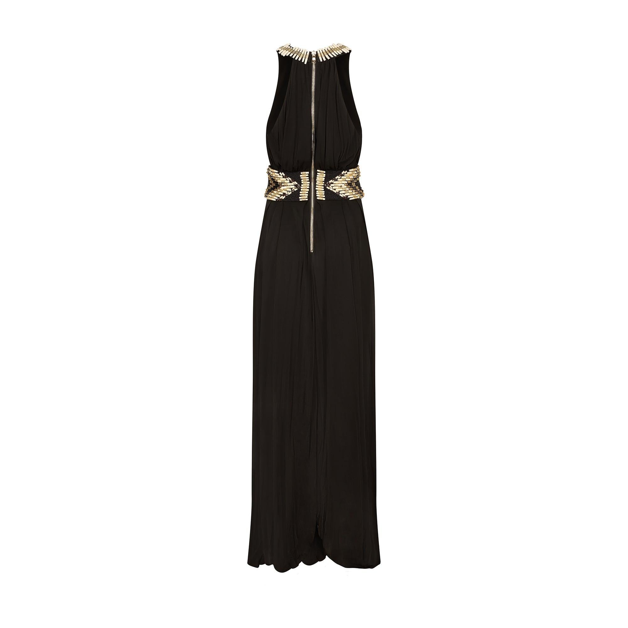 2015 Balmain Cream and Gold Beaded Black Jersey Maxi-Dress In Excellent Condition For Sale In London, GB