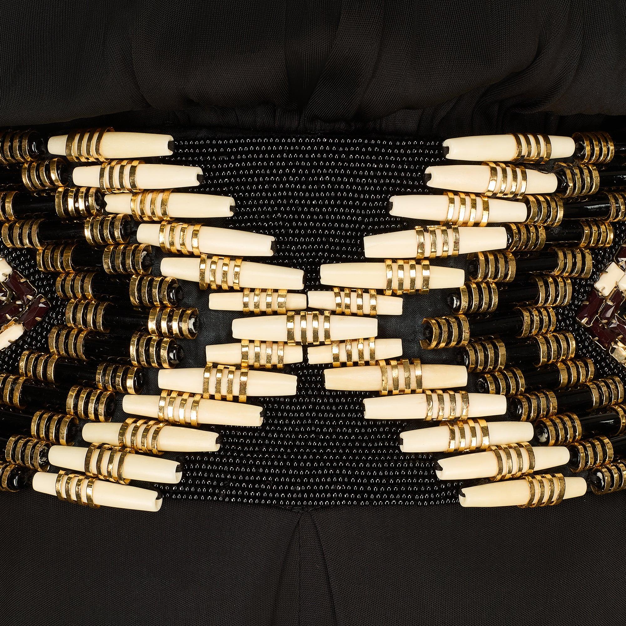 Women's 2015 Balmain Cream and Gold Beaded Black Jersey Maxi-Dress For Sale