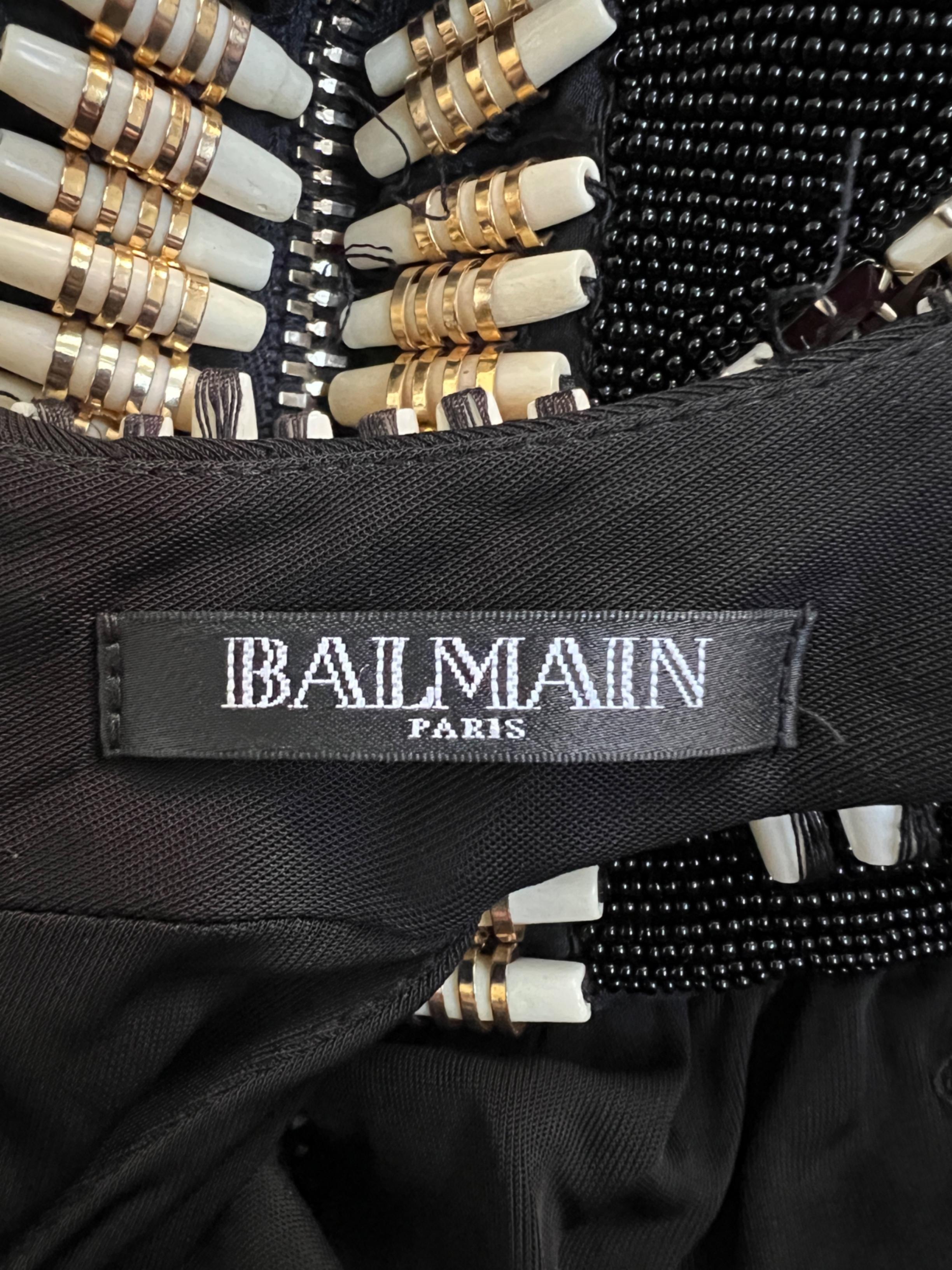 2015 Balmain Cream and Gold Beaded Black Jersey Maxi-Dress For Sale 1