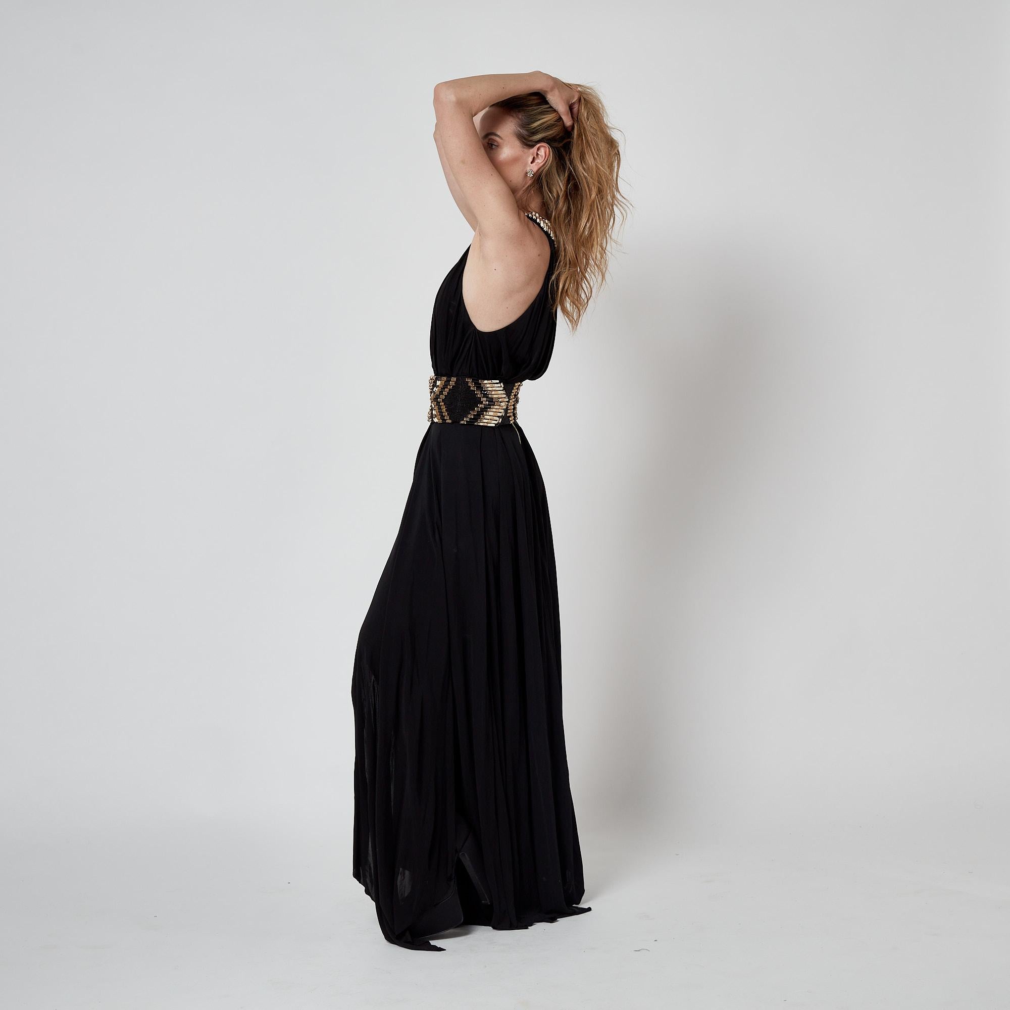 2015 Balmain Cream and Gold Beaded Black Jersey Maxi-Dress For Sale 3