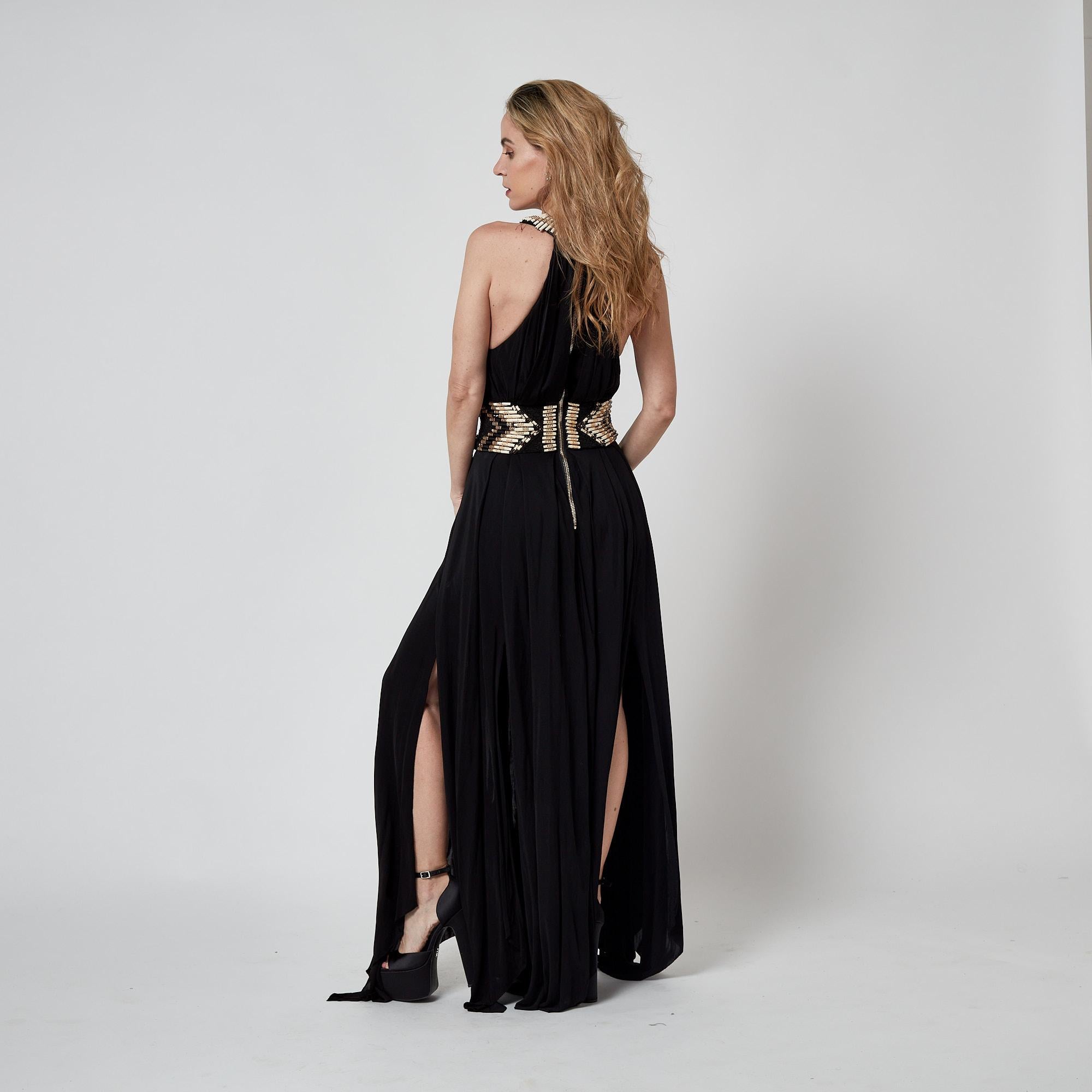 2015 Balmain Cream and Gold Beaded Black Jersey Maxi-Dress For Sale 4