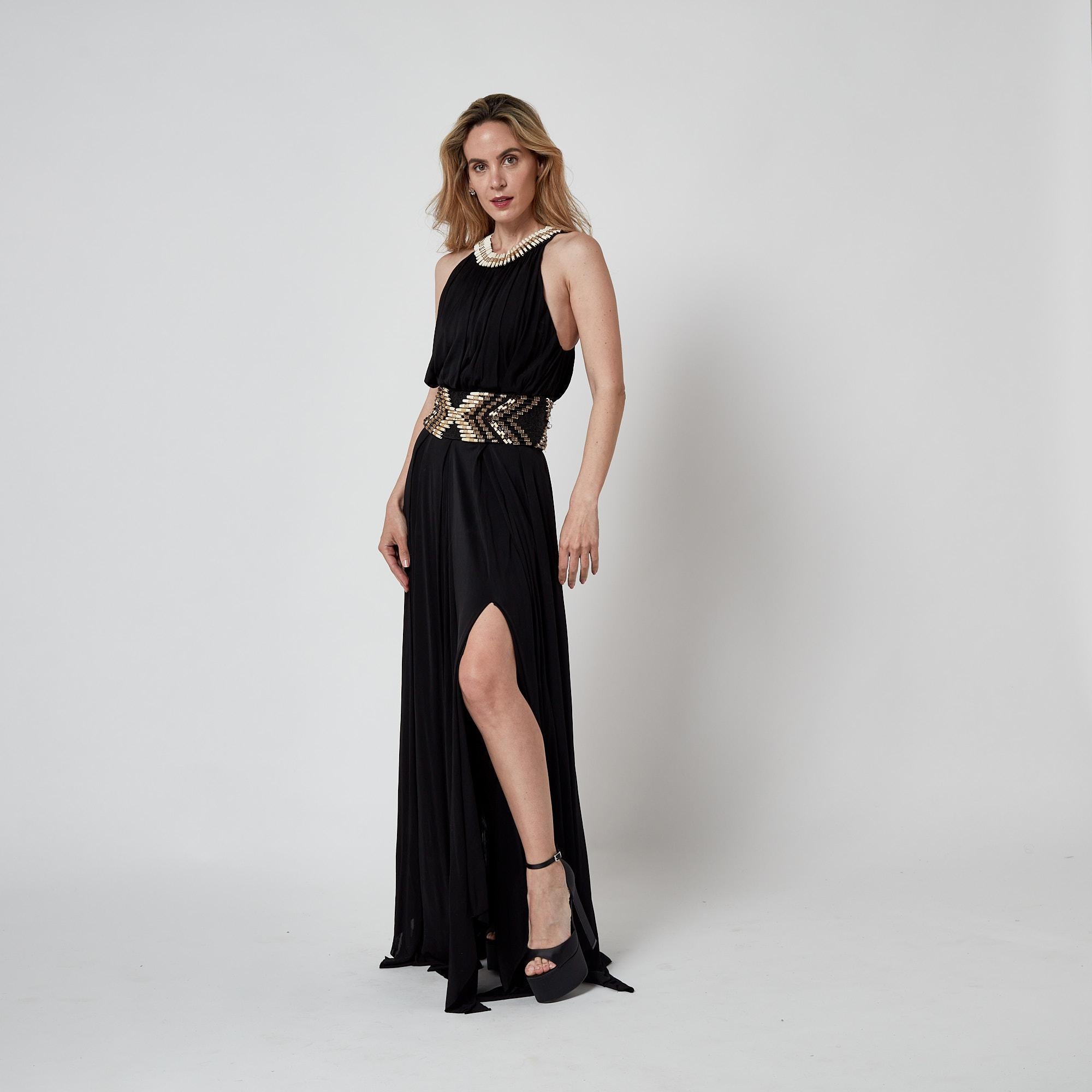 2015 Balmain Cream and Gold Beaded Black Jersey Maxi-Dress For Sale 5