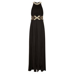 2015 Balmain Cream and Gold Beaded Black Jersey Maxi-Dress
