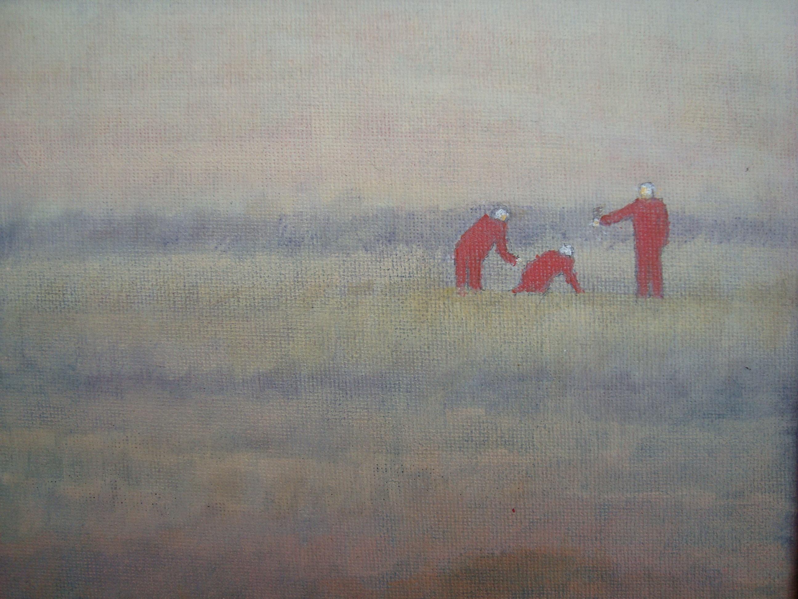 3 people digging in the field - Are they finding or hiding something? 

About the artist:

The paintings of Bjarne Dahl are realistic and figurative with inspiration from landscapes, people and buildings. The colors are often subdued, with a