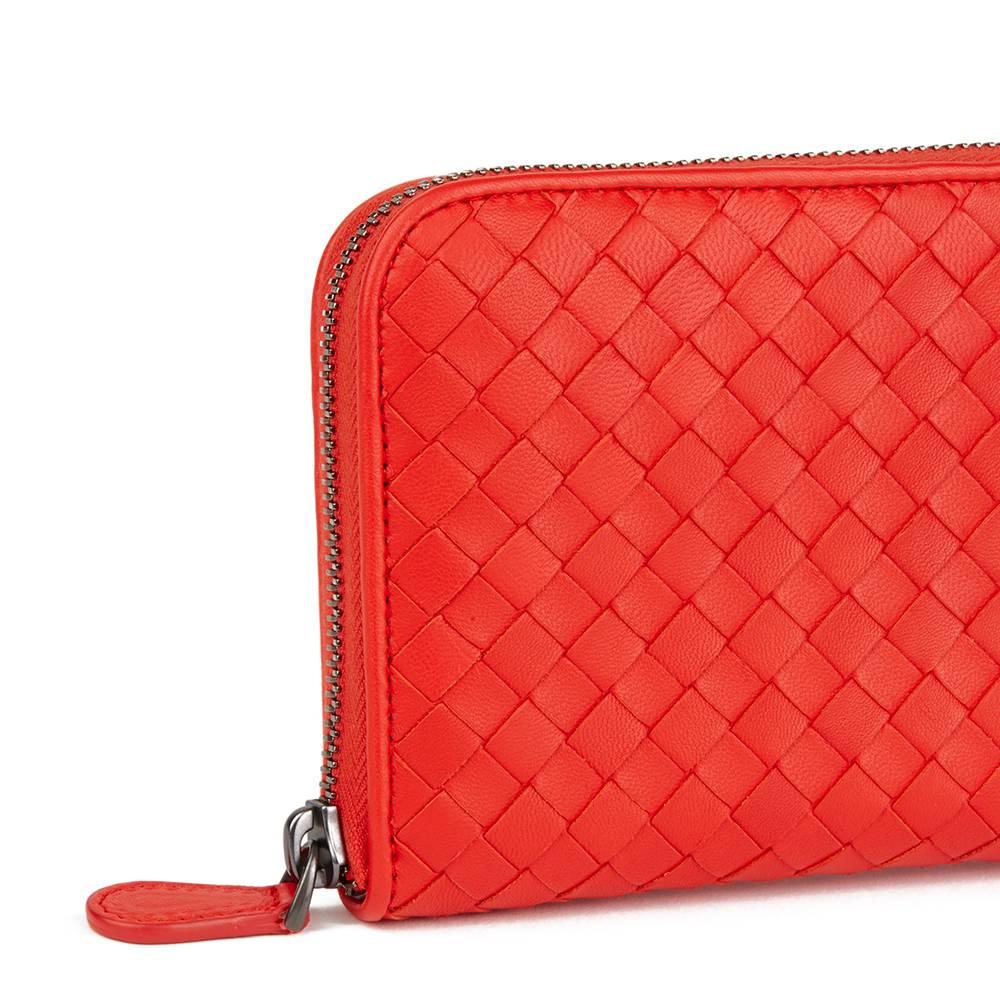 2015 Bottega Veneta Vesuvius Red Woven Calfskin Leather Zip Around Wallet  1