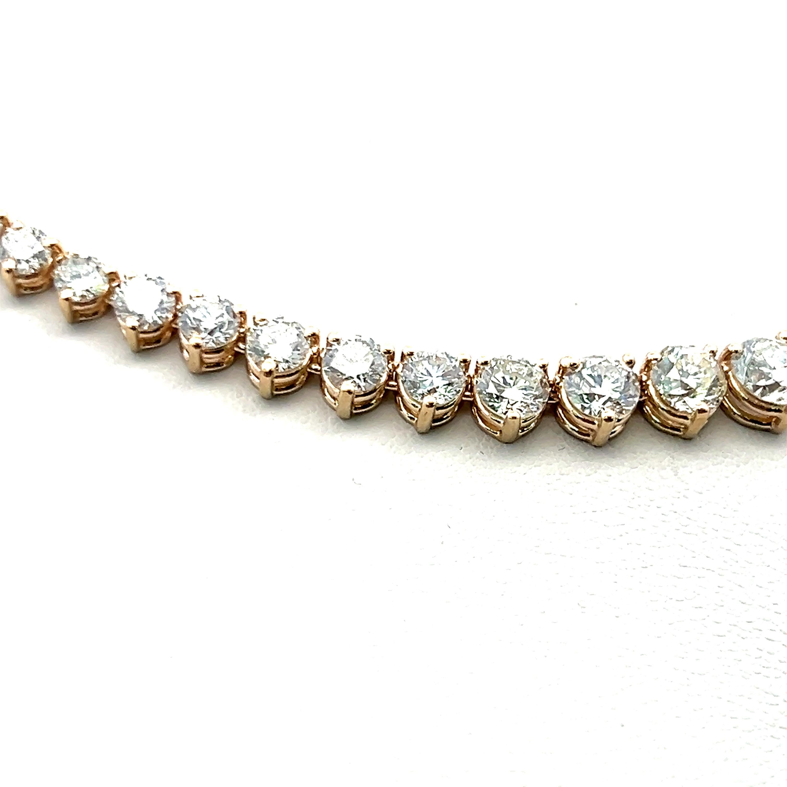 20.15 Carat Round Brilliant Diamond 14 Karat Yellow Gold Riviera Necklace In New Condition For Sale In New York, NY