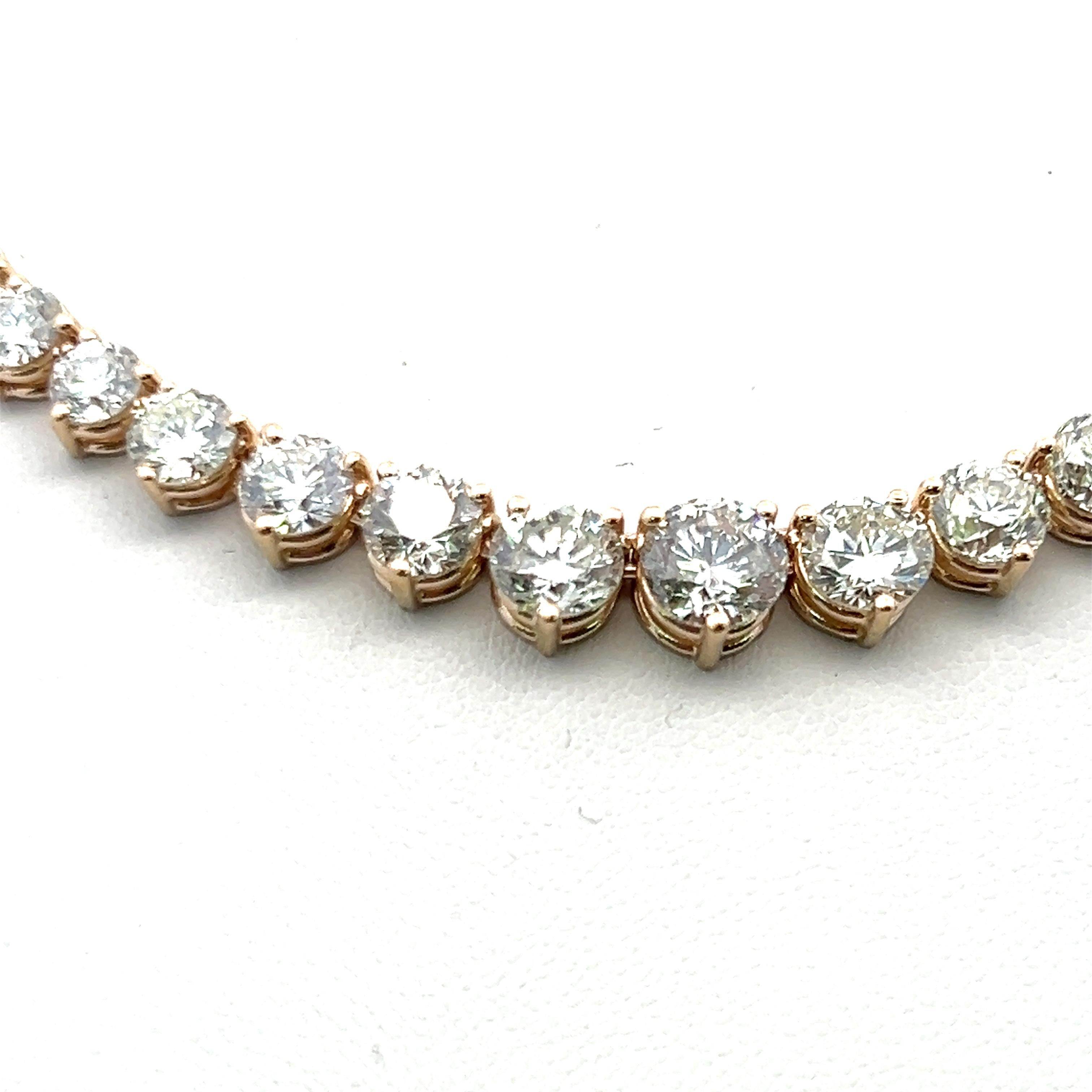 Women's 20.15 Carat Round Brilliant Diamond 14 Karat Yellow Gold Riviera Necklace For Sale