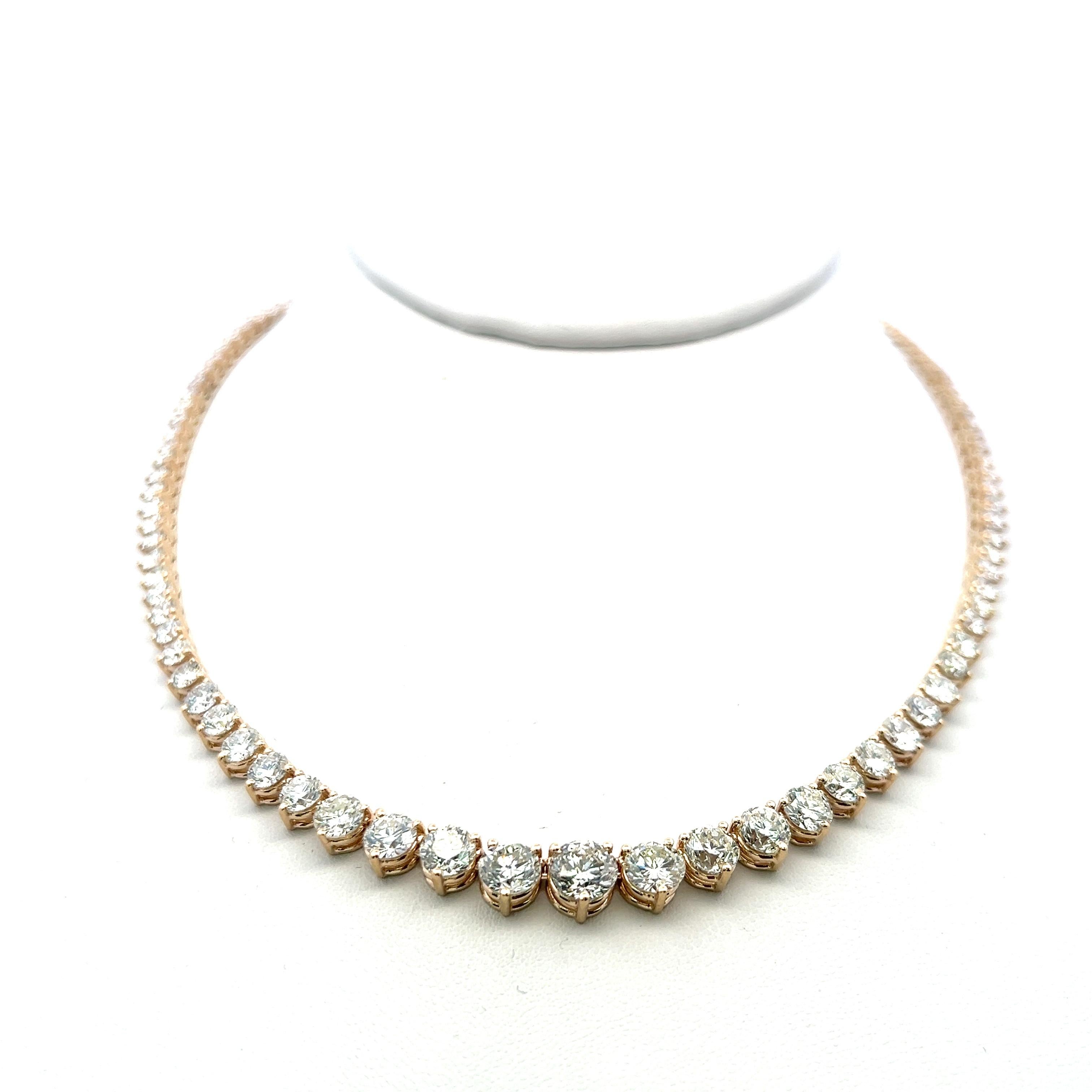 20.15 Carat Round Brilliant Diamond 14 Karat Yellow Gold Riviera Necklace For Sale 3
