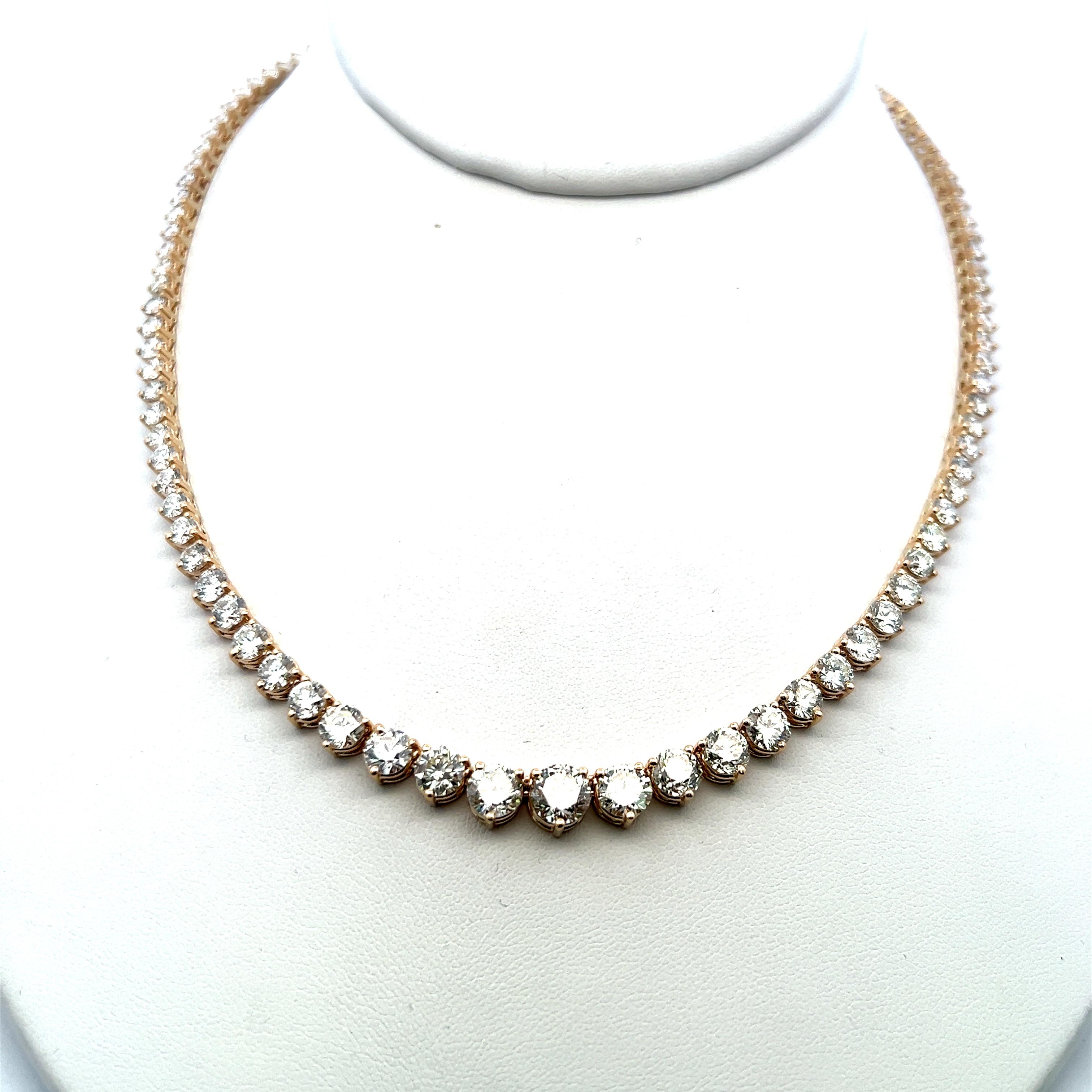 20.15 Carat Round Brilliant Diamond 14 Karat Yellow Gold Riviera Necklace For Sale 4