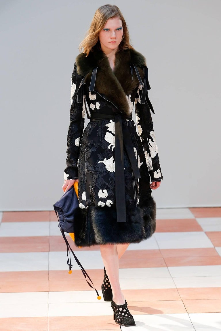 2015 CELINE by PHOEBE PHILO Cornely Embroidered runway coat with fur trim