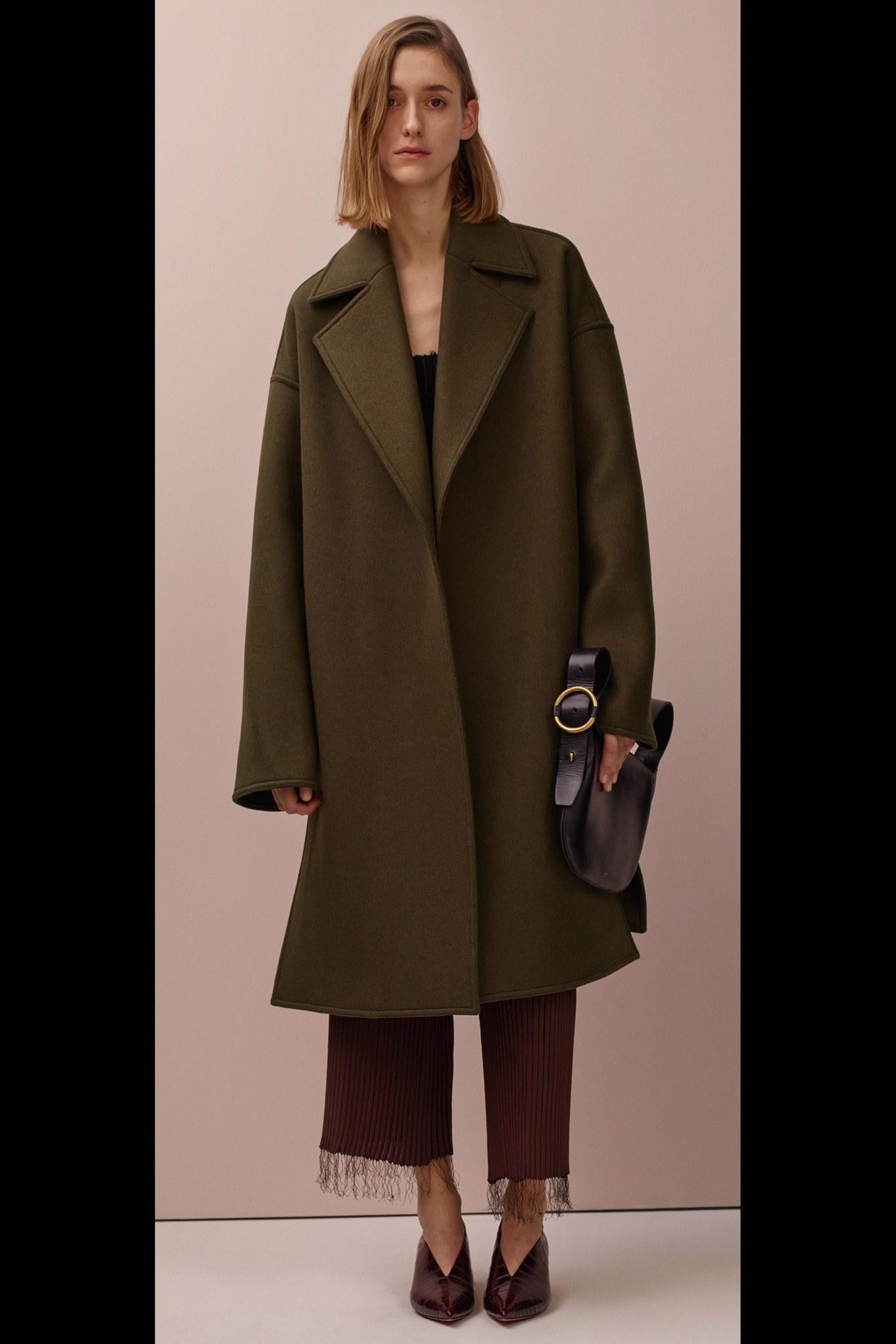 2015 CELINE By Phoebe Philo Khaki Wool Coat With Open Closure For Sale 3