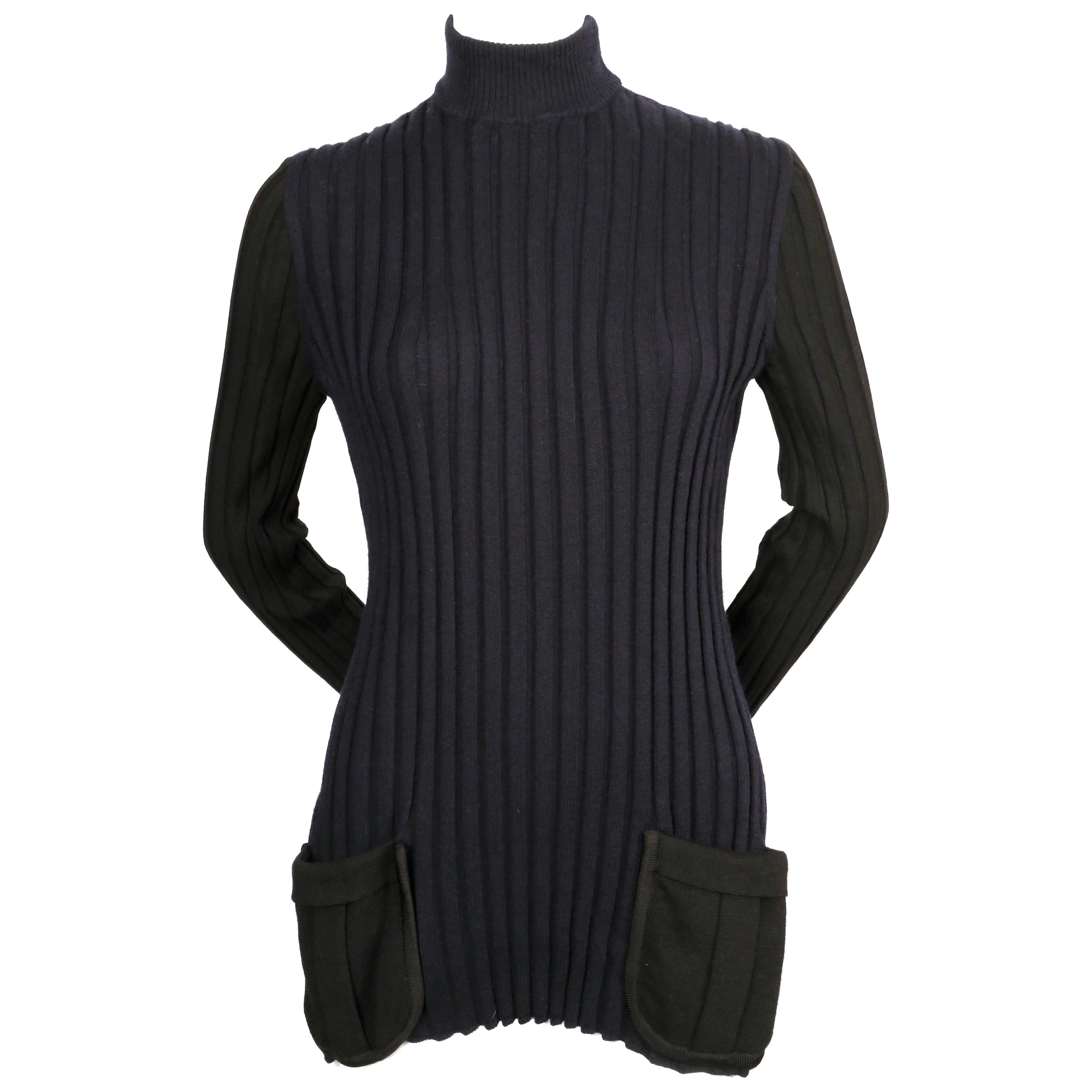 2015 CELINE by PHOEBE PHILO navy & black ribbed sweater tunic with patch pockets For Sale