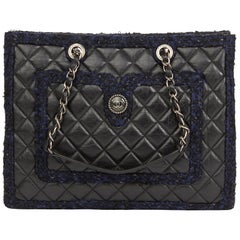 2015 Chanel Black Aged Quilted Calfskin 
Navy Tweed Grand Shopping Tote GST