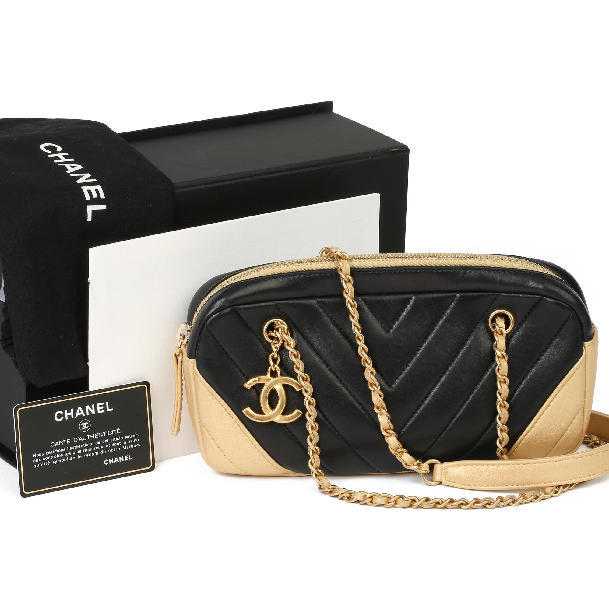 2015 Chanel Schwarz & Gold Chevron gesteppt Lammfell zeitlosen Charme Kameratasche 8