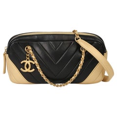 2015 Chanel Black & Gold Chevron Quilted Lambskin Timeless Charm Camera Bag