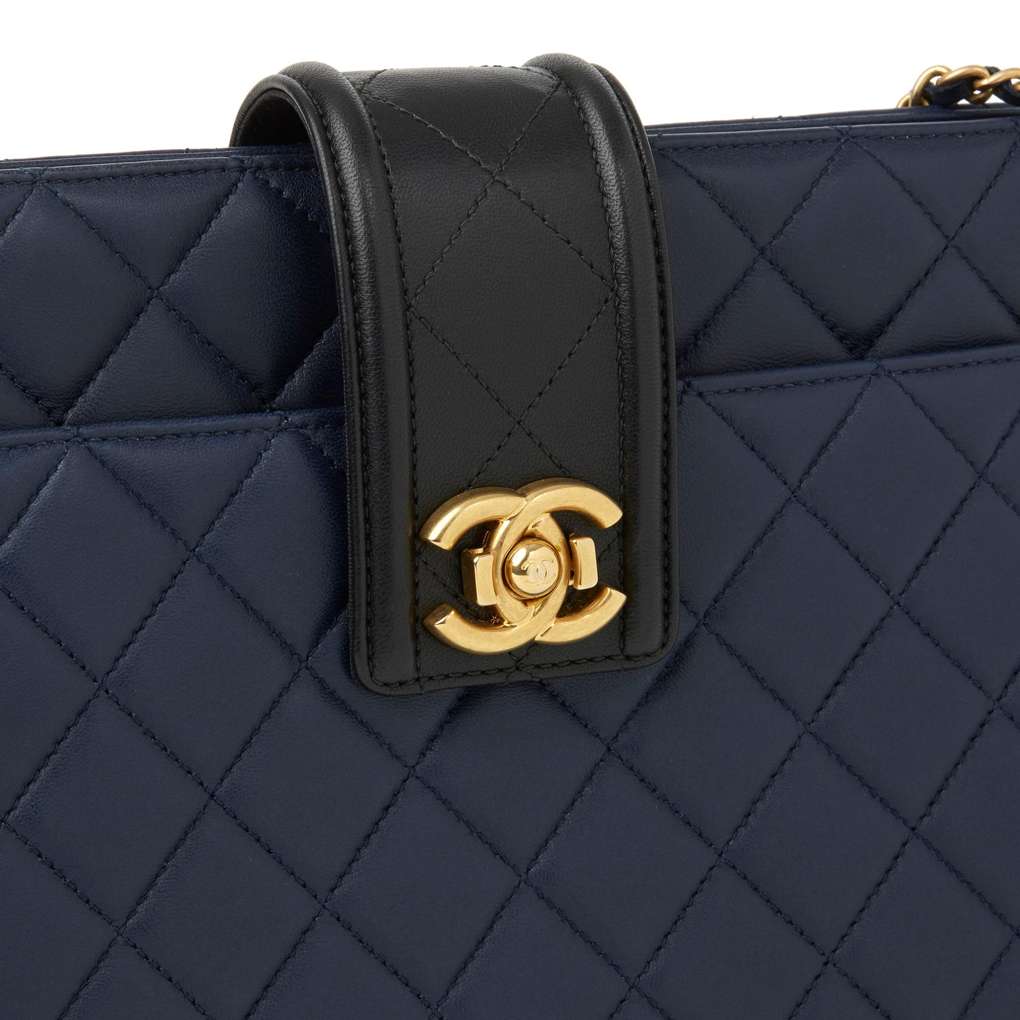 2015 Chanel Black & Navy Quilted Lambskin Large Shopping Tote 2