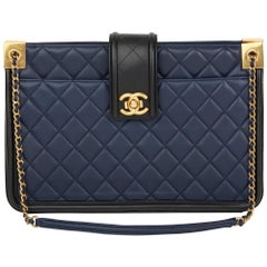 2015 Chanel Black & Navy Quilted Lambskin Large Shopping Tote