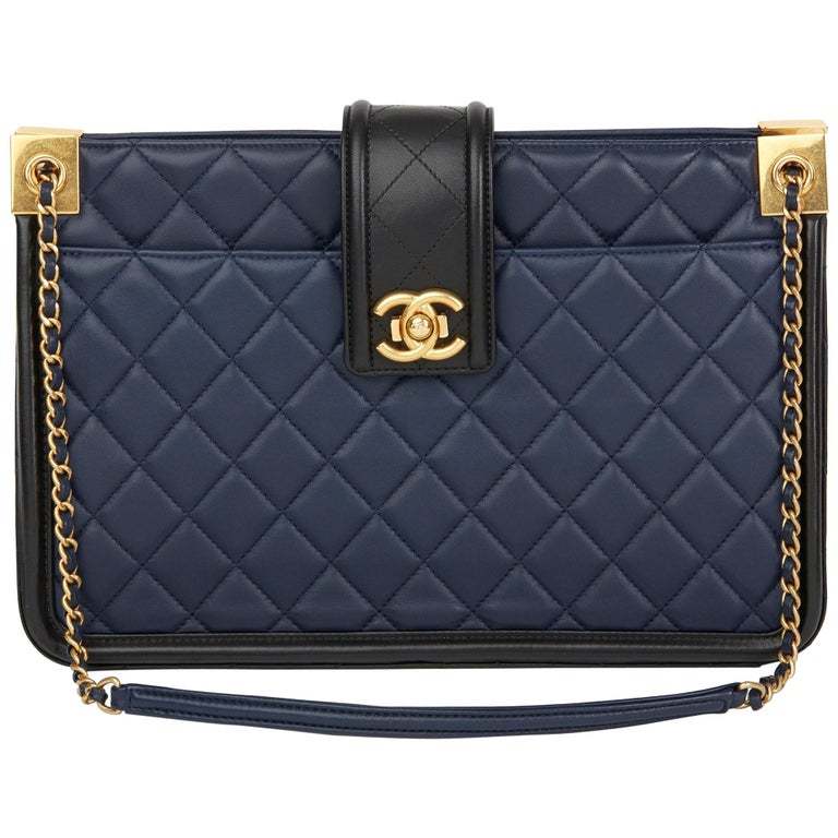 2015 Chanel Black and Navy Quilted Lambskin Large Shopping Tote at 1stDibs