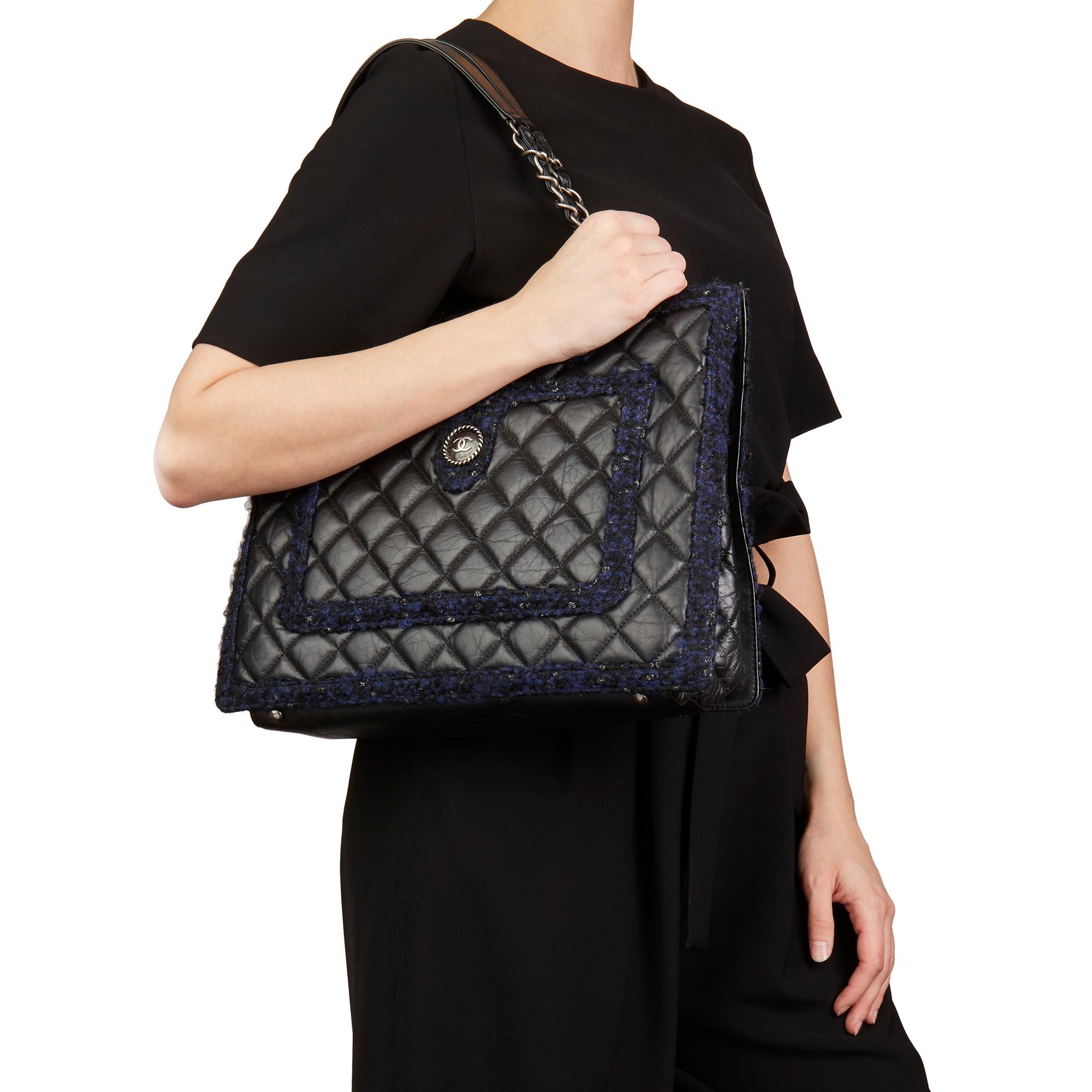 2015 Chanel Black Quilted Aged Quilted Calfskin & Navy Tweed Grand Shopping Tote 8