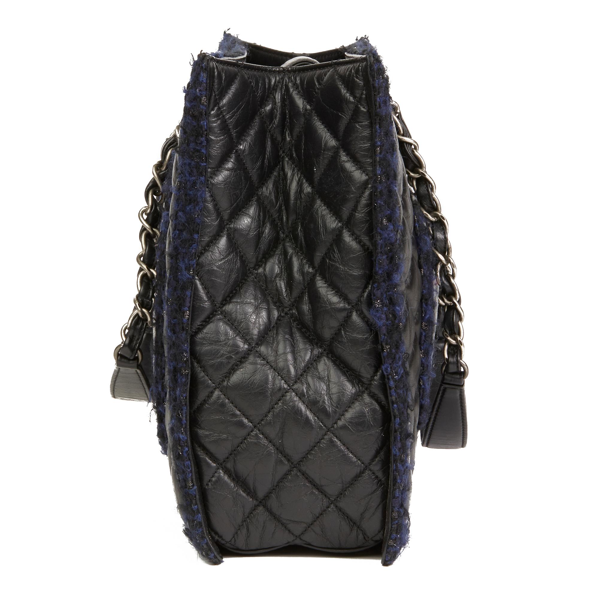 2015 Chanel Black Quilted Aged Quilted Calfskin & Navy Tweed Grand Shopping Tote In Excellent Condition In Bishop's Stortford, Hertfordshire