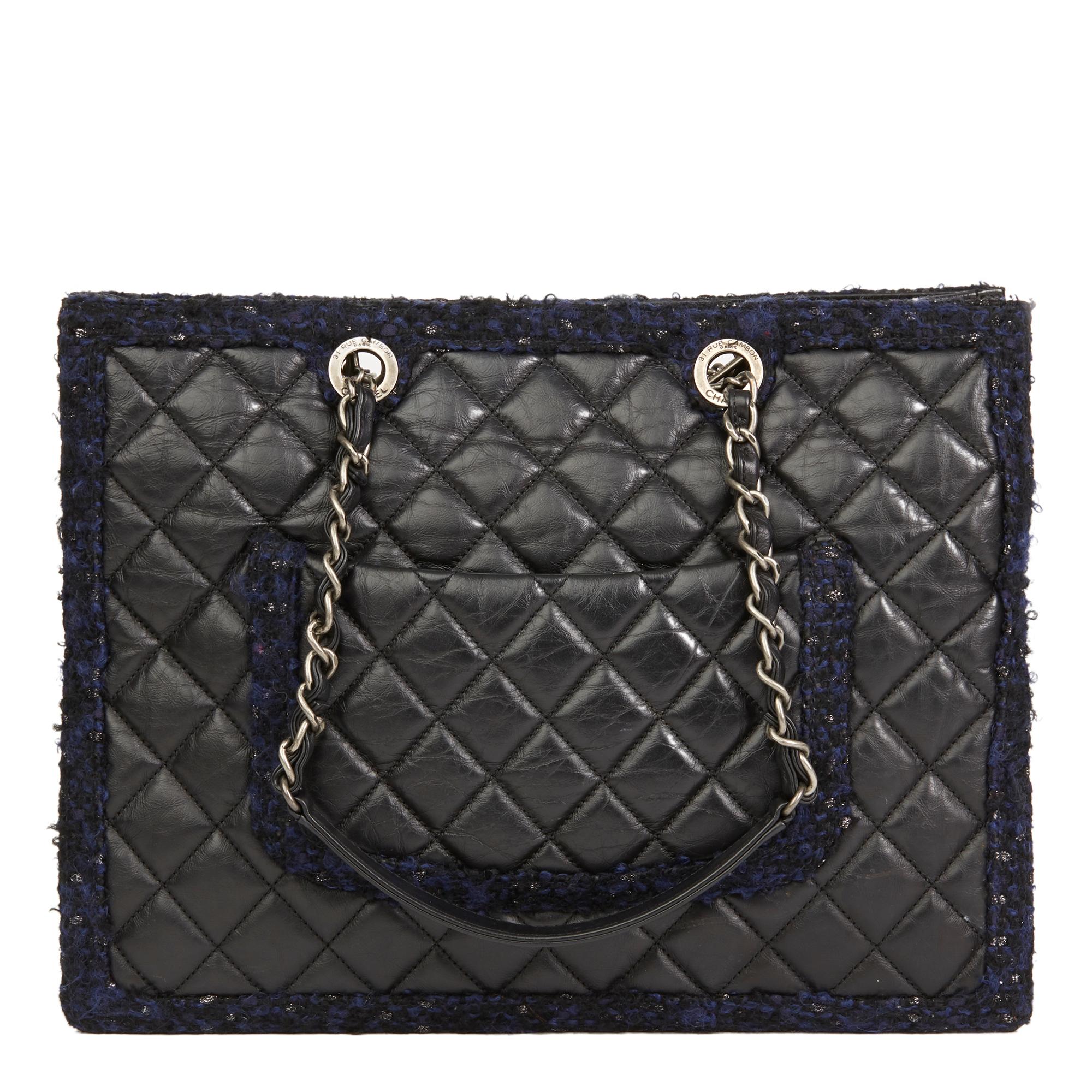Women's 2015 Chanel Black Quilted Aged Quilted Calfskin & Navy Tweed Grand Shopping Tote
