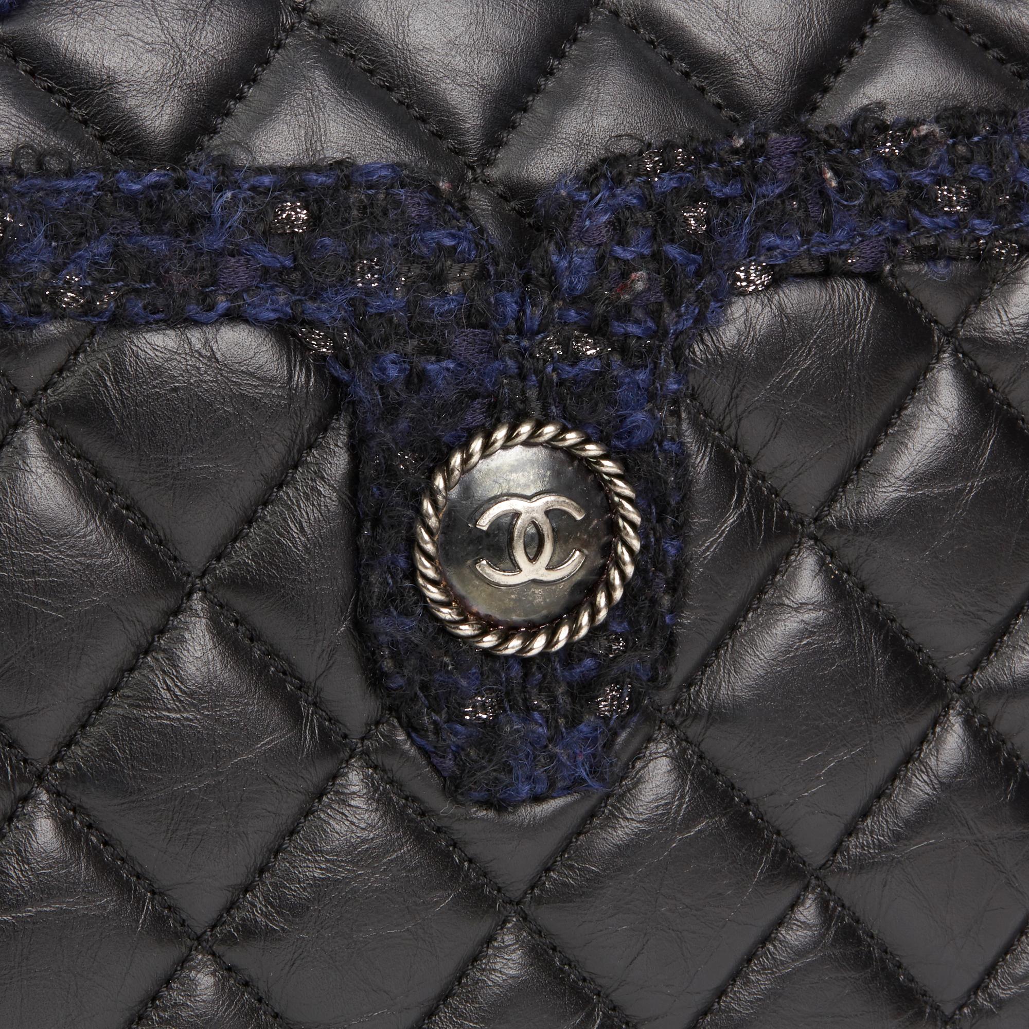 2015 Chanel Black Quilted Aged Quilted Calfskin & Navy Tweed Grand Shopping Tote 2