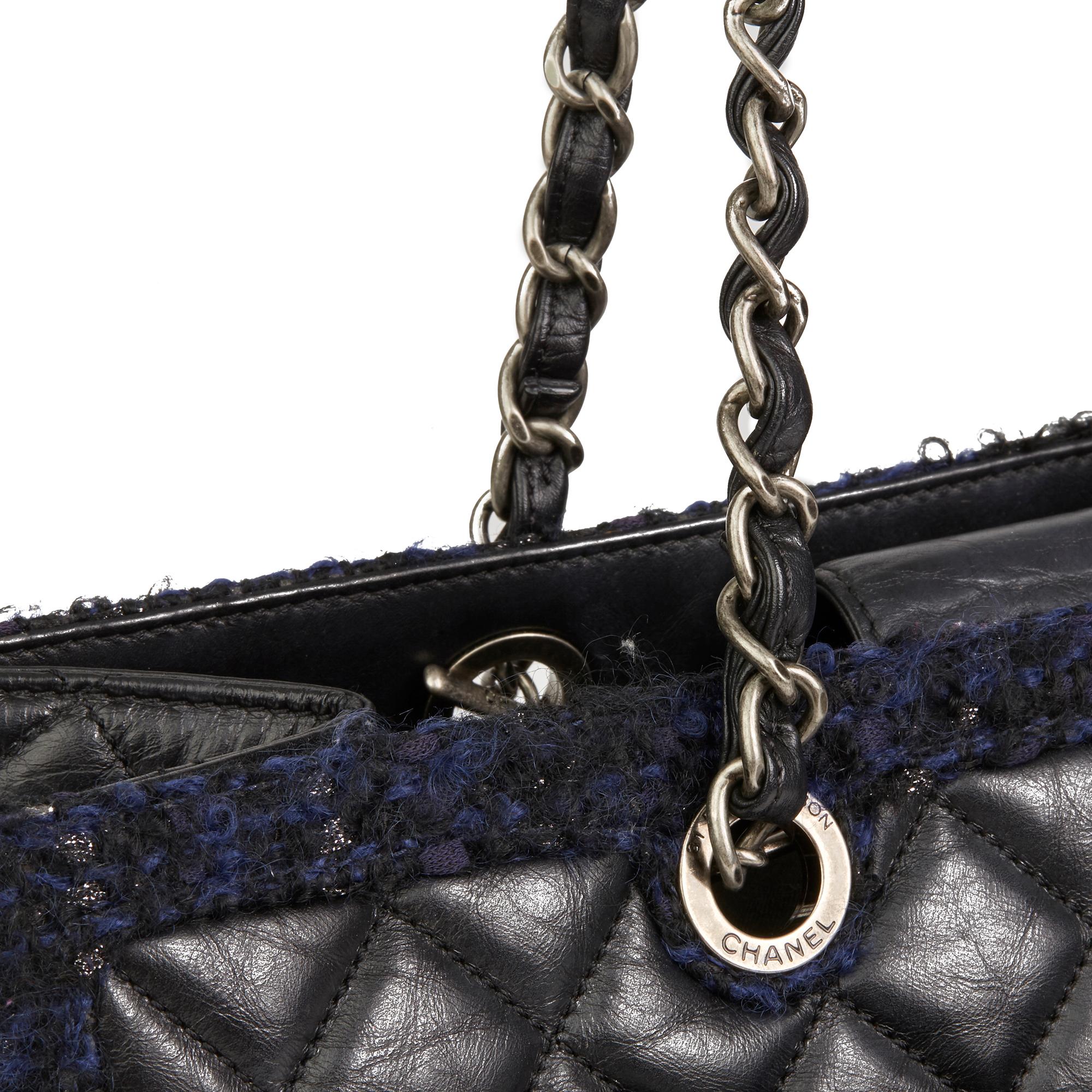2015 Chanel Black Quilted Aged Quilted Calfskin & Navy Tweed Grand Shopping Tote 3